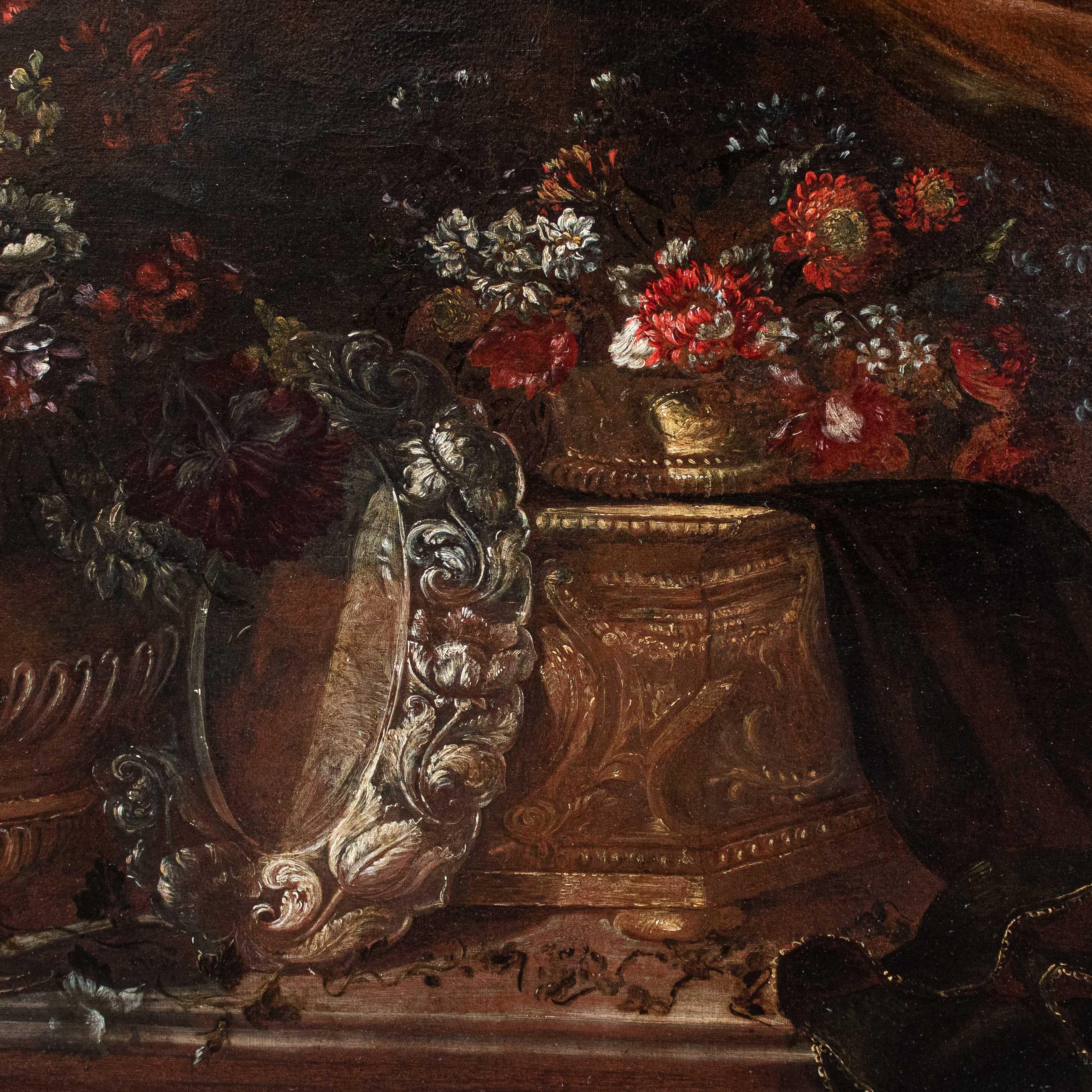 Toile Peinture à l'huile sur toile représentant une nature morte École romaine 17e siècle en vente