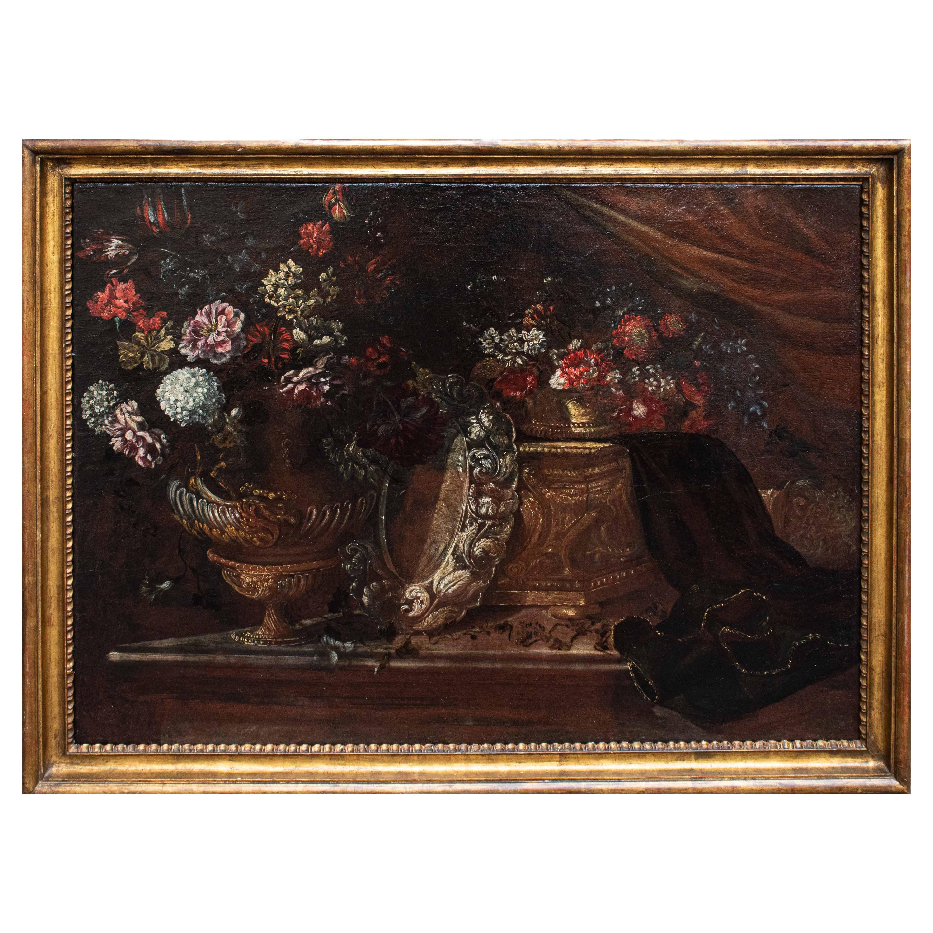 Peinture à l'huile sur toile représentant une nature morte École romaine 17e siècle en vente