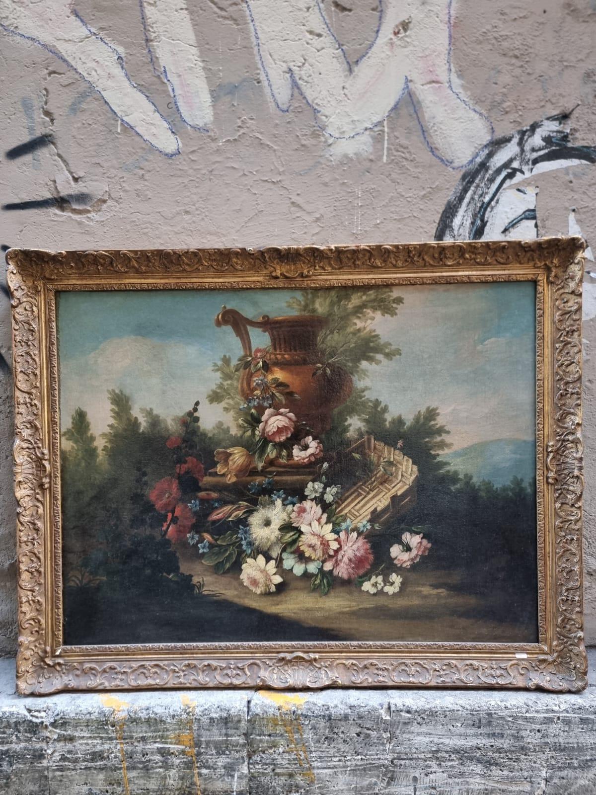 Feine Öl auf Leinwand Gemälde von Stillleben, 18. Jahrhundert, Frankreich. 

Das Gemälde zeigt eine Komposition aus verschiedenen Blumenarten, einer großen Vase und einem Korb. Eine der Besonderheiten des Gemäldes ist die Verwendung von Farben, die