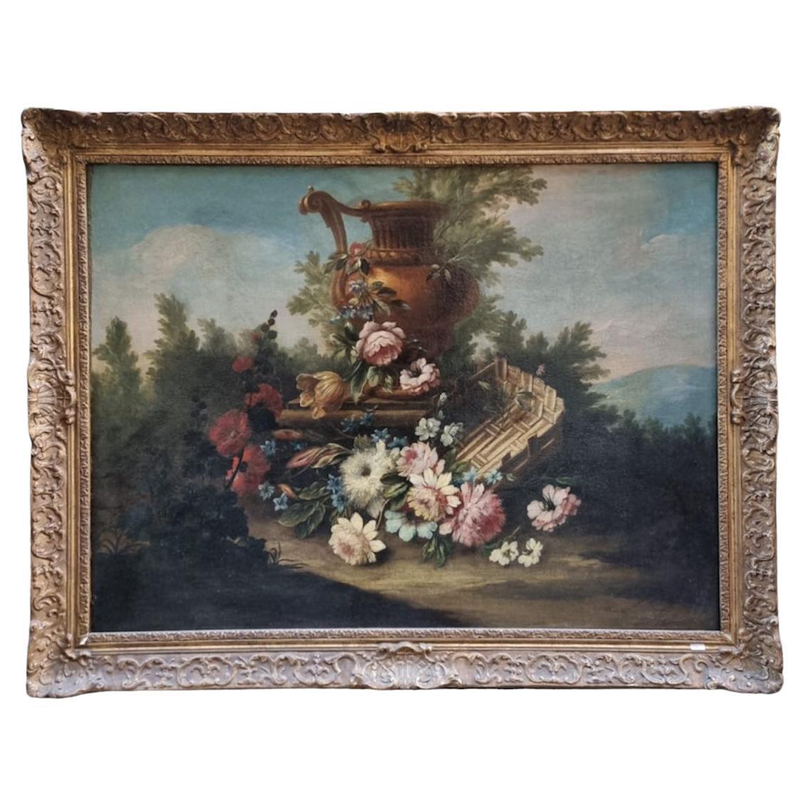 Oil painting on canvas depicting still life 18th century For Sale