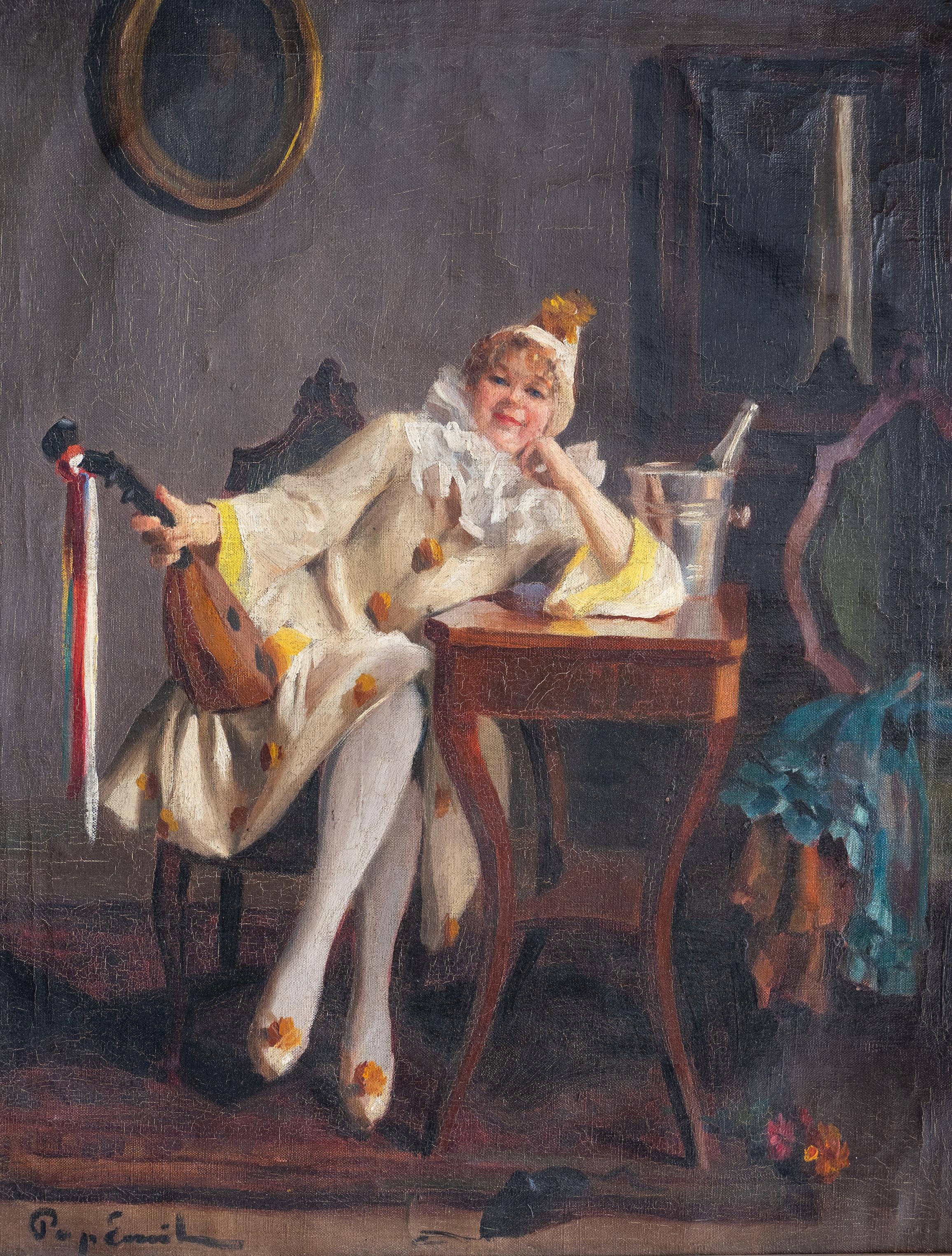 Painting depicting Pierrot, signed Emil Pap
Era: early 1900s
Material: Oil On Canvas
Author: Emil Pap
Provenance: Venetian private residence - Italy
Size: 88 x 74 cm with frame, 68 x 55 cm canvas only.
Condition: Very good condition
Description:
