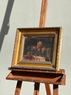 dipinto olio su tela - raffigurazione anziano con fiasco - antiquités - vino
