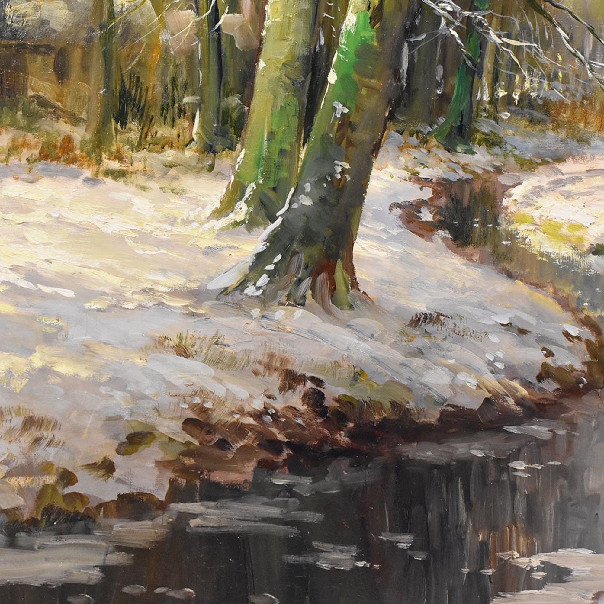 Art Déco Dipinto Paesaggio Art Deco, Sotto Bosco Con Neve, Olio Su Tela, Inizio XX Secolo in vendita