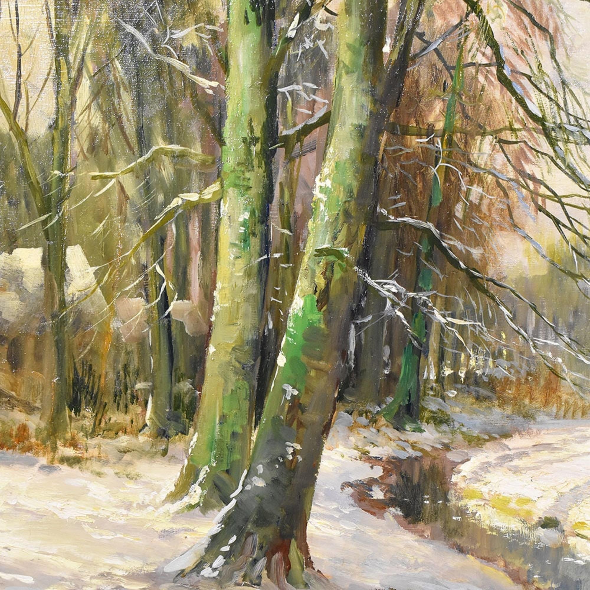 Dutch Dipinto Paesaggio Art Deco, Sotto Bosco Con Neve, Olio Su Tela, Inizio XX Secolo in vendita