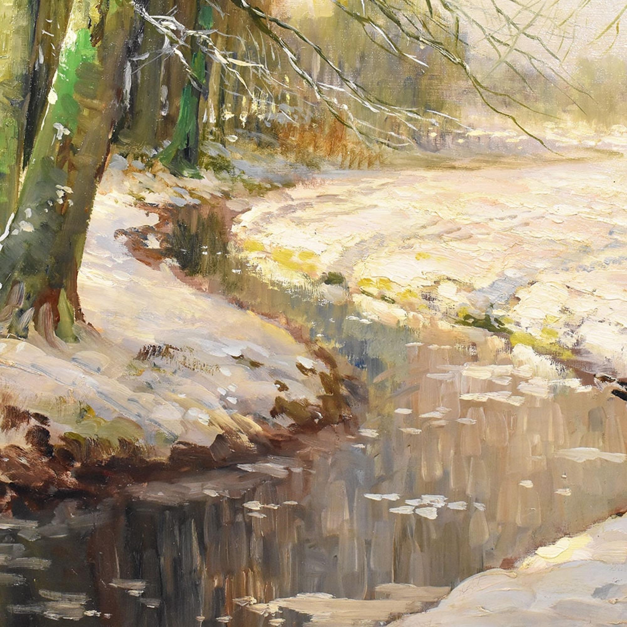 A olio Dipinto Paesaggio Art Deco, Sotto Bosco Con Neve, Olio Su Tela, Inizio XX Secolo in vendita