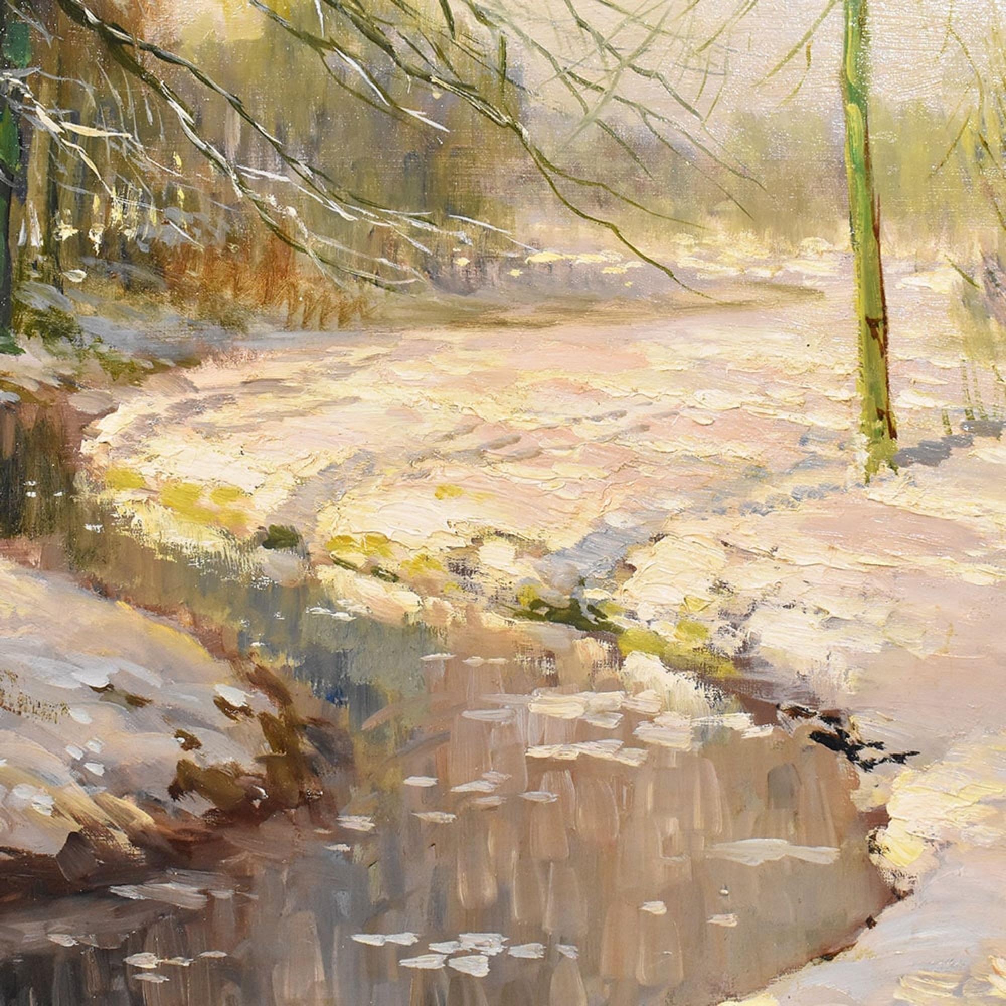 20th Century Dipinto Paesaggio Art Deco, Sotto Bosco Con Neve, Olio Su Tela, Inizio XX Secolo in vendita