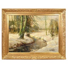 Art Deco Landscape Painting, Under Forest With Snow, Oil On Canvas, Early 20th Century