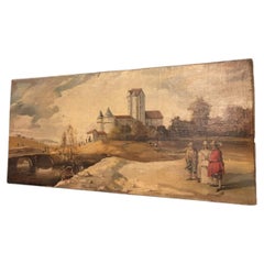 Peinture de paysage représentant un château et des personnages, école nordique, fin du XVIIe siècle