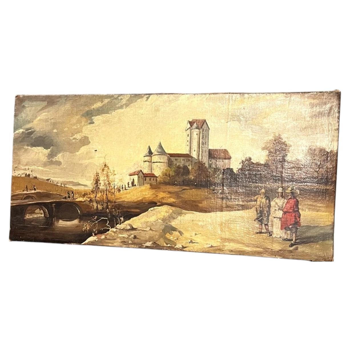 Peinture de paysage représentant un château et des personnages, école nordique, fin du XVIIe siècle en vente
