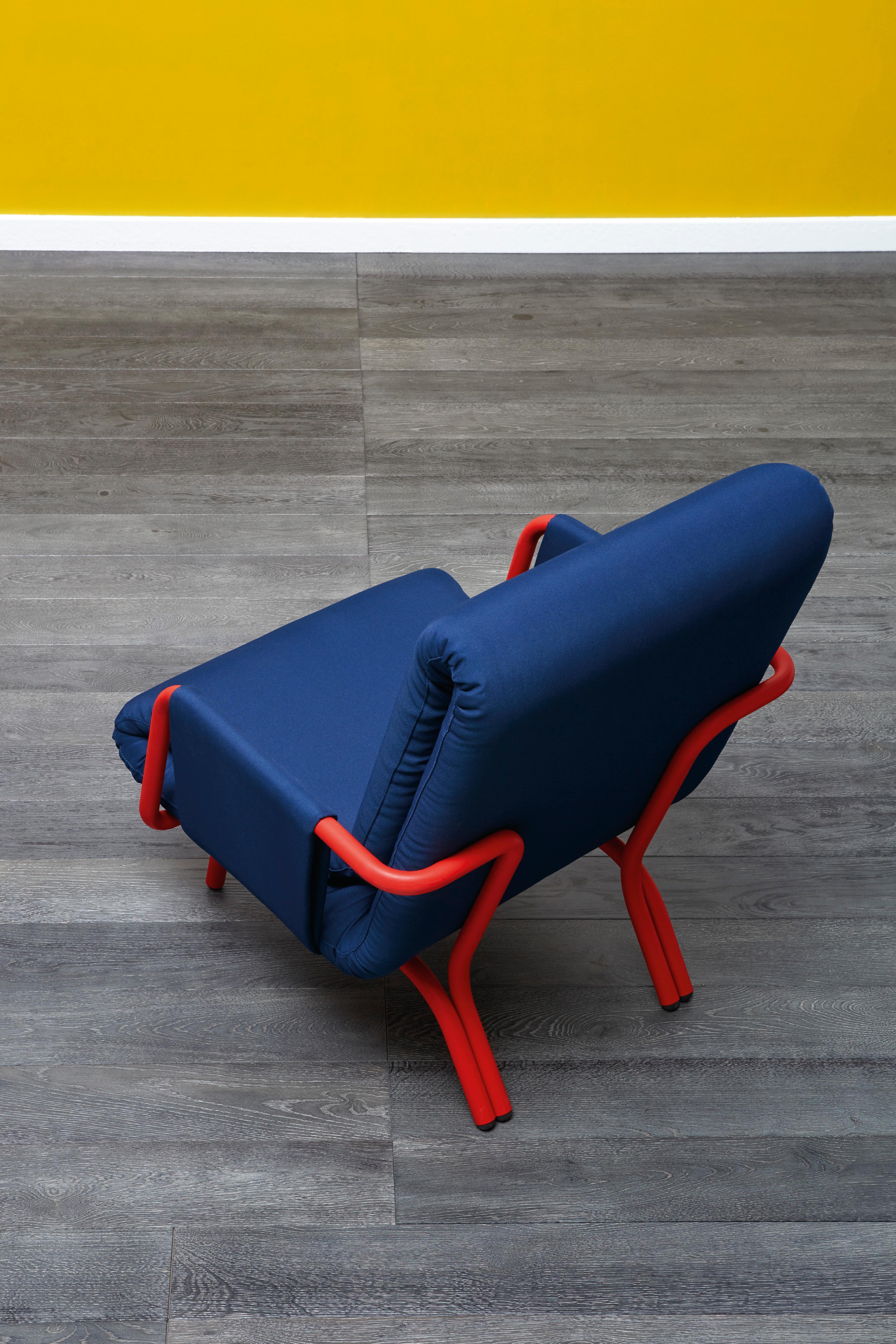 Modern Diplopia Armchair in Blue Fabric with Lacquered Canapa Legs by Skrivo For Sale