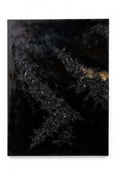 Diptych of American Abstract Mixed Media Black Textural Paintings on Canvas