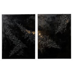 Diptychon amerikanischer abstrakter Mixed Media-Gemälde mit schwarzen strukturellen Gemälden auf Leinwand