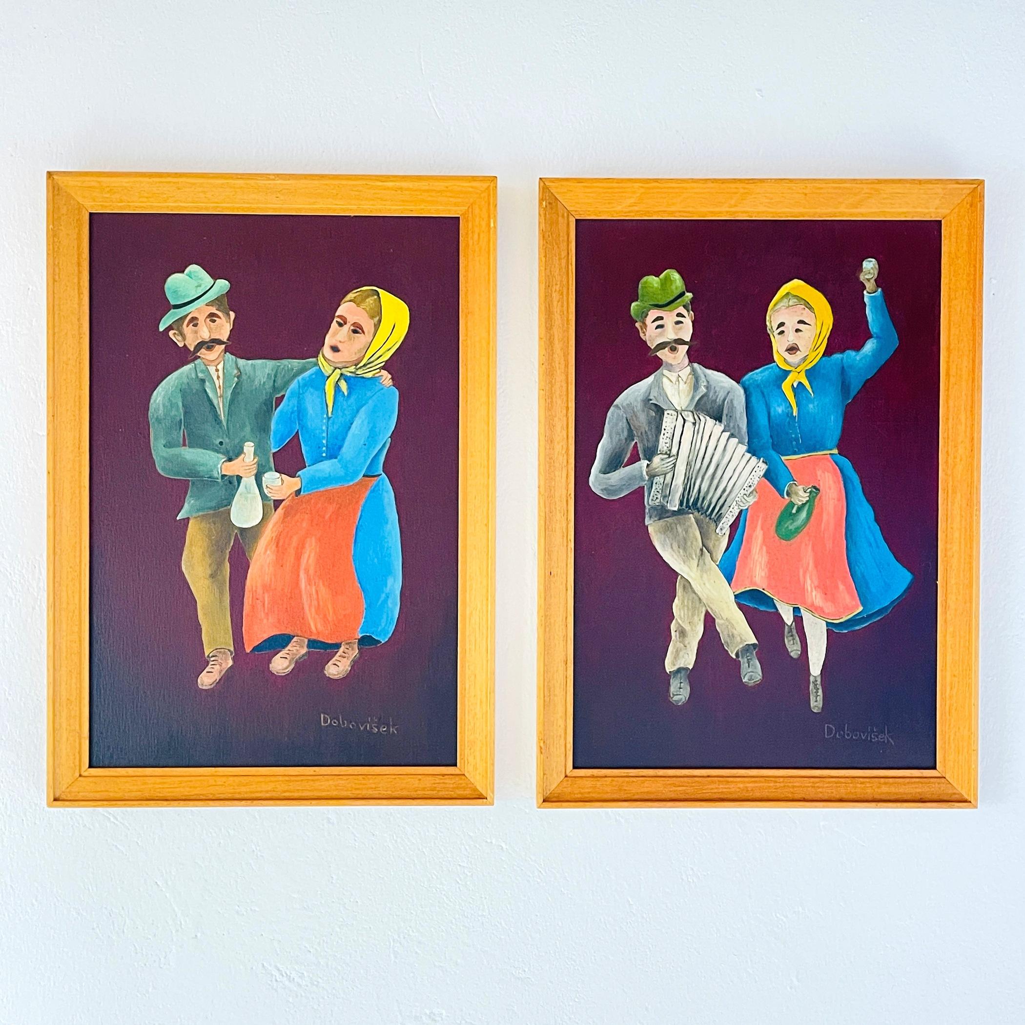 Plongez dans le monde charmant et fantasque de la vie rurale avec cet ensemble captivant de deux peintures en diptyque de style Art naïf d'Oto Dobovišek, un artiste de Yougoslavie des années 1970. Ces délicieuses œuvres d'art populaire représentent