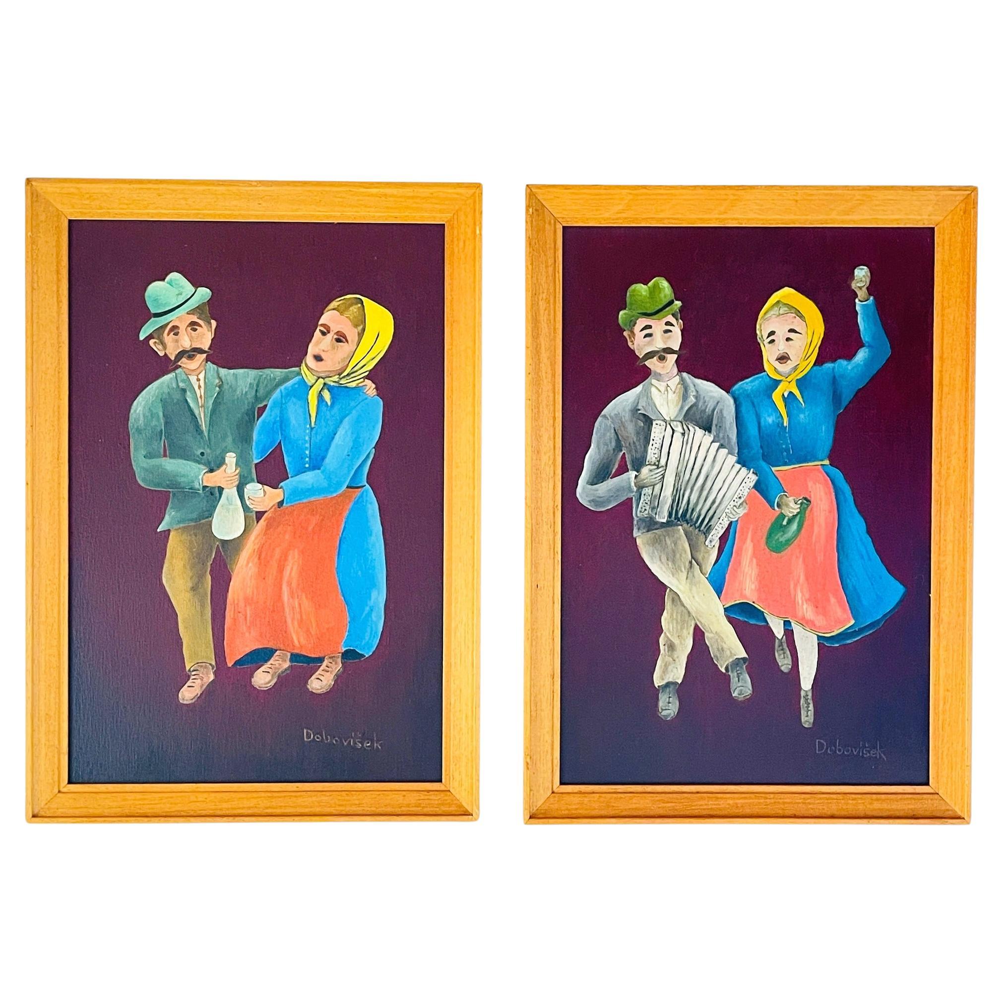 Diptych paintings in the style of Naive art, Oto Dobovišek, Yugoslavia 1970s For Sale