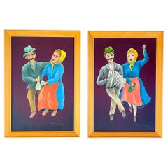 Retro Diptych paintings in the style of Naive art, Oto Dobovišek, Yugoslavia 1970s