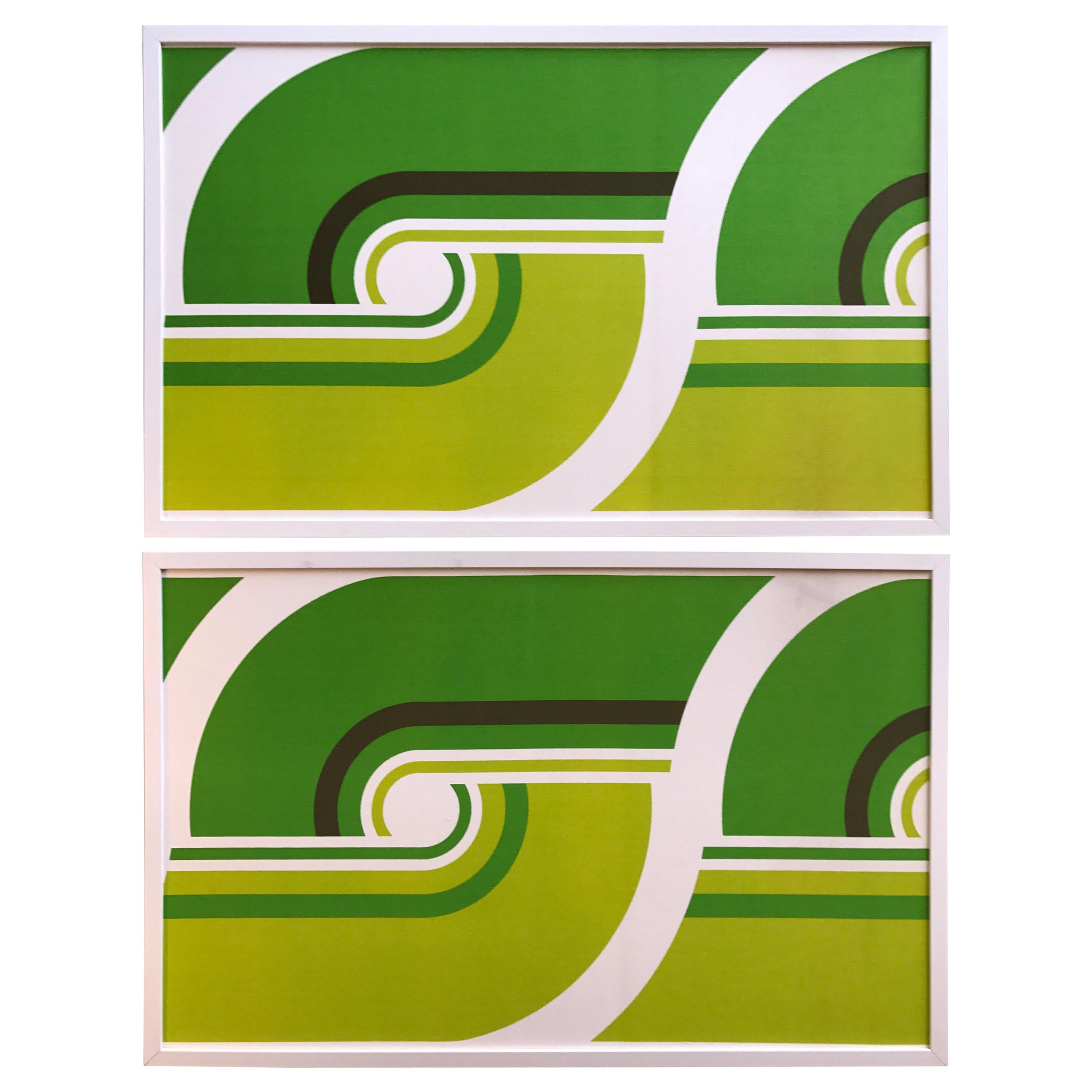 Diptych Vintage Panton Style Midcentury Mod Green Pop Art Textile Fabric Framed