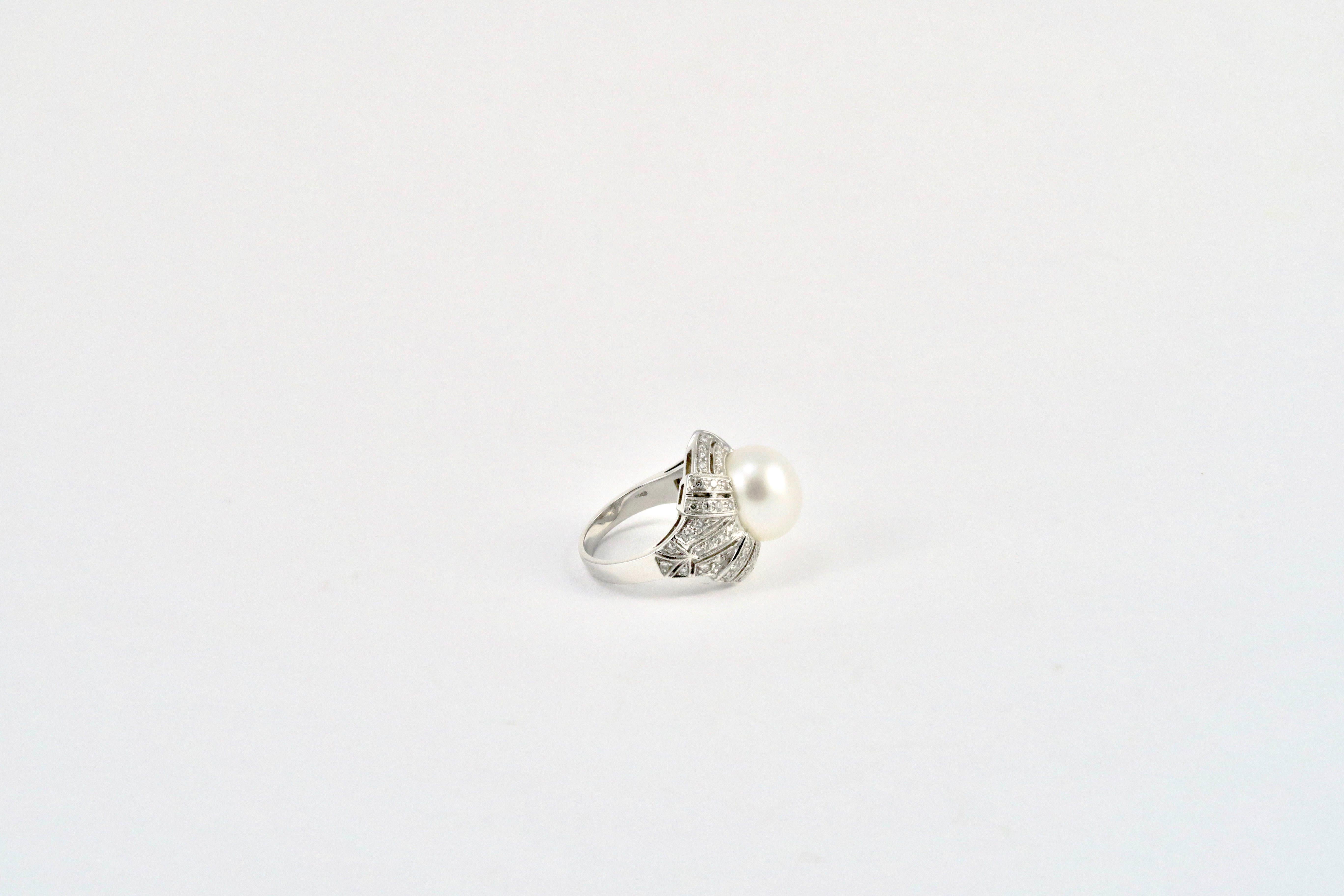 Art Deco Dirce Repossi Australian White South Sea Pearl and Diamond White Gold Ring For Sale