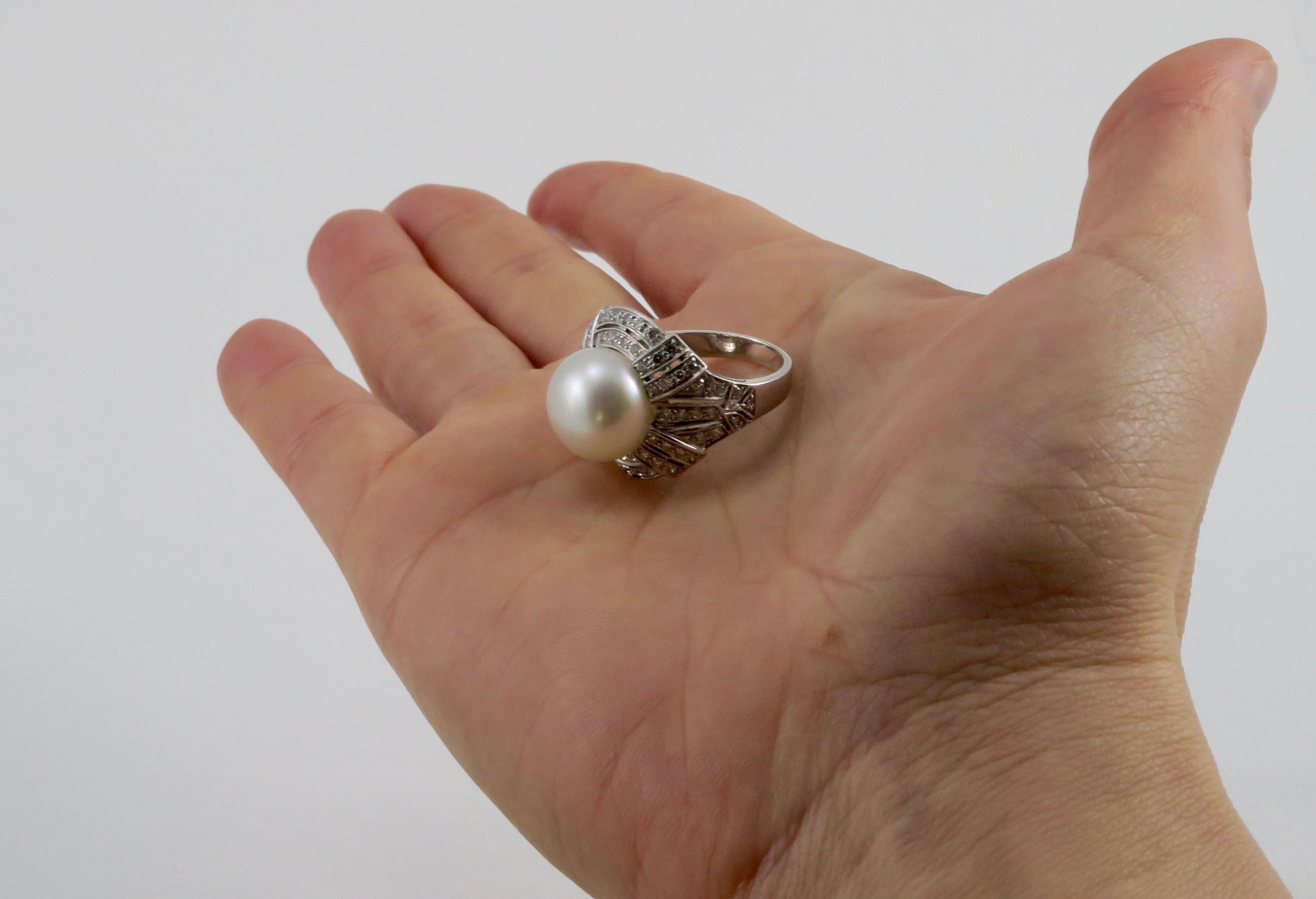 Women's Dirce Repossi Australian White South Sea Pearl and Diamond White Gold Ring For Sale