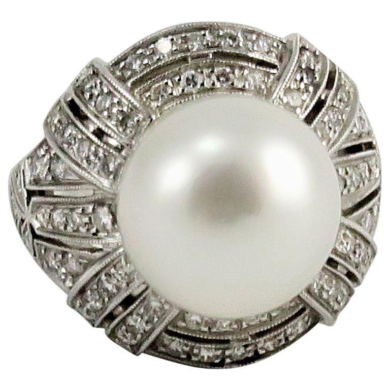 Dirce Repossi Australian White South Sea Pearl and Diamond White Gold Ring For Sale