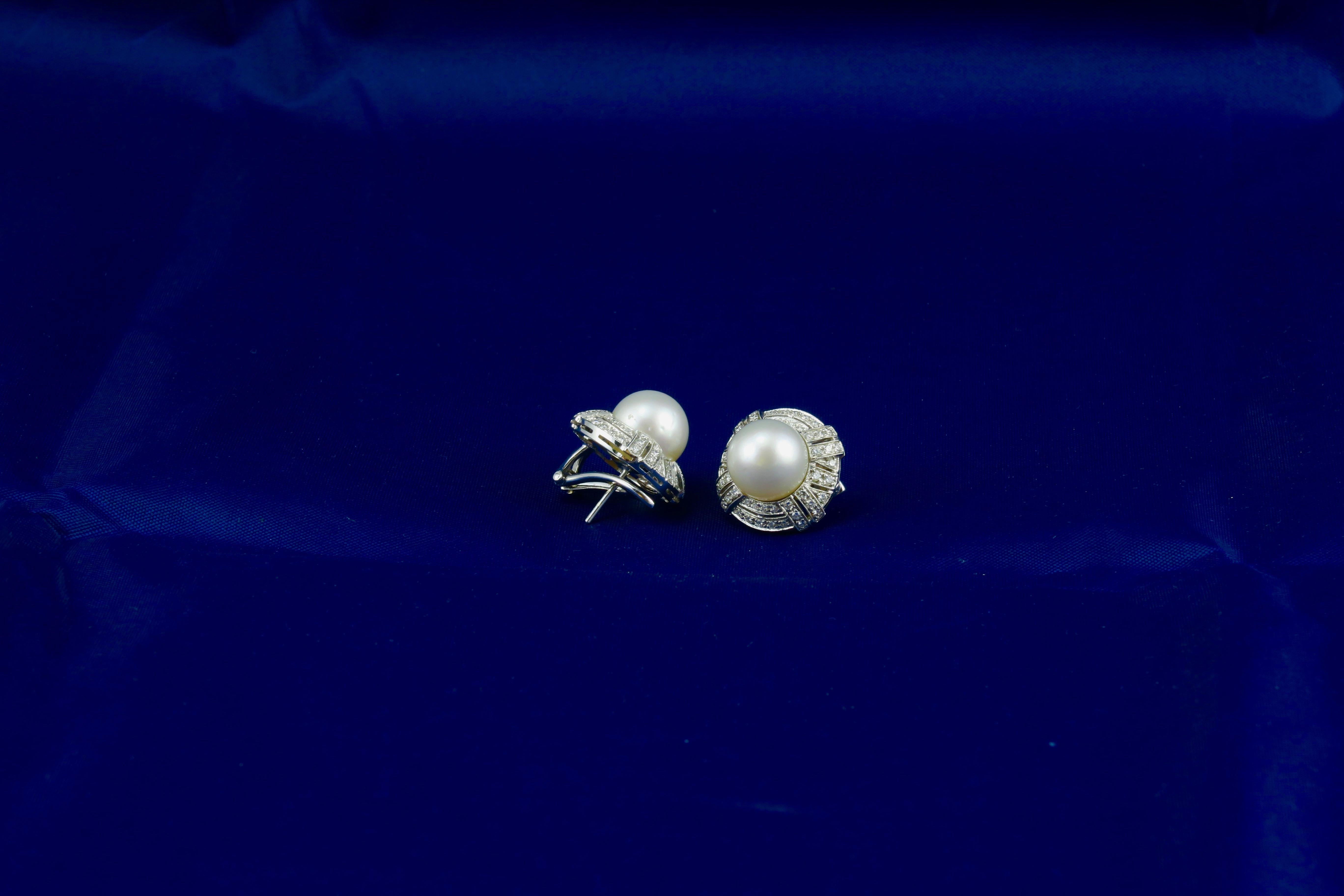 Women's Dirce Repossi Australian White South Sea Pearl Diamond White Gold Stud Earrings For Sale