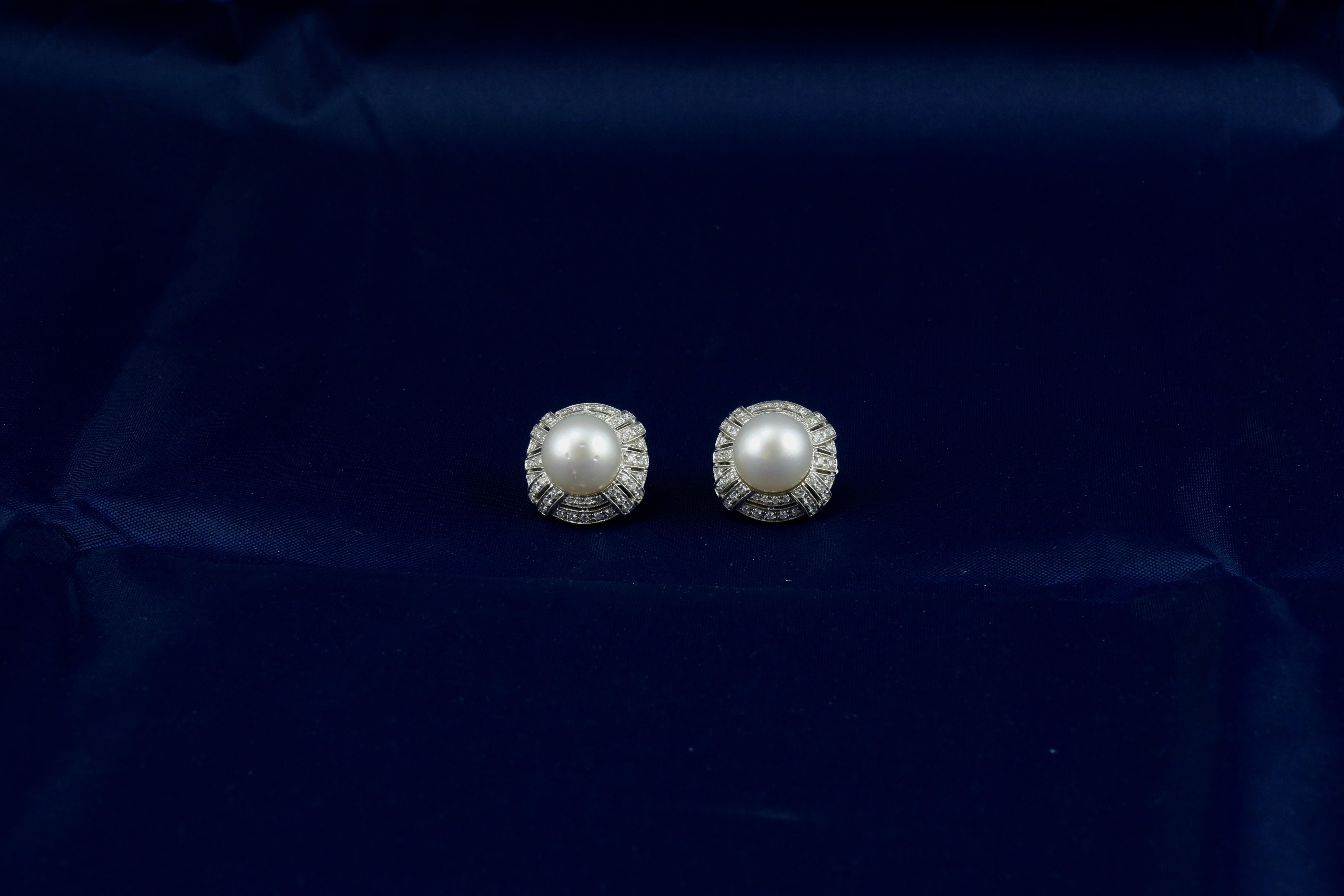 Dirce Repossi Australian White South Sea Pearl Diamond White Gold Stud Earrings For Sale 1