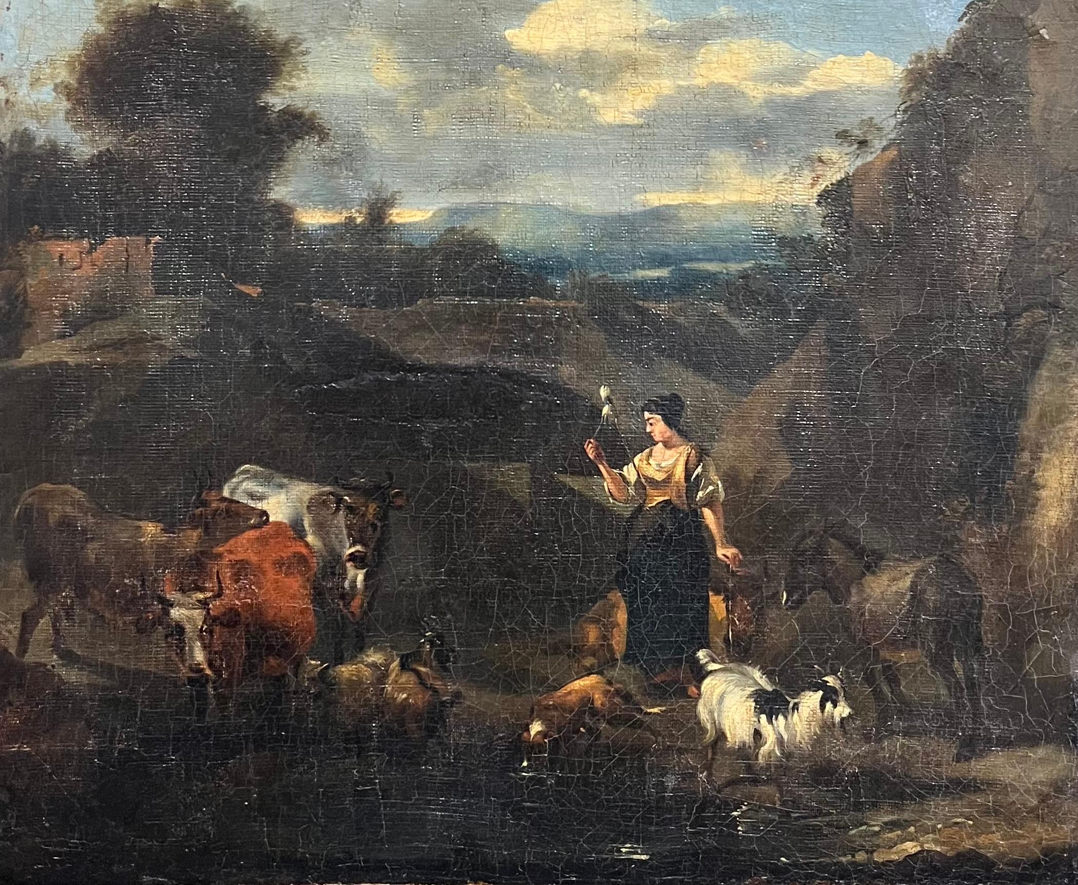 Grande dipinto ad olio olandese del XVII secolo, figure animali e paesaggio - Painting di Dirck van Burghen