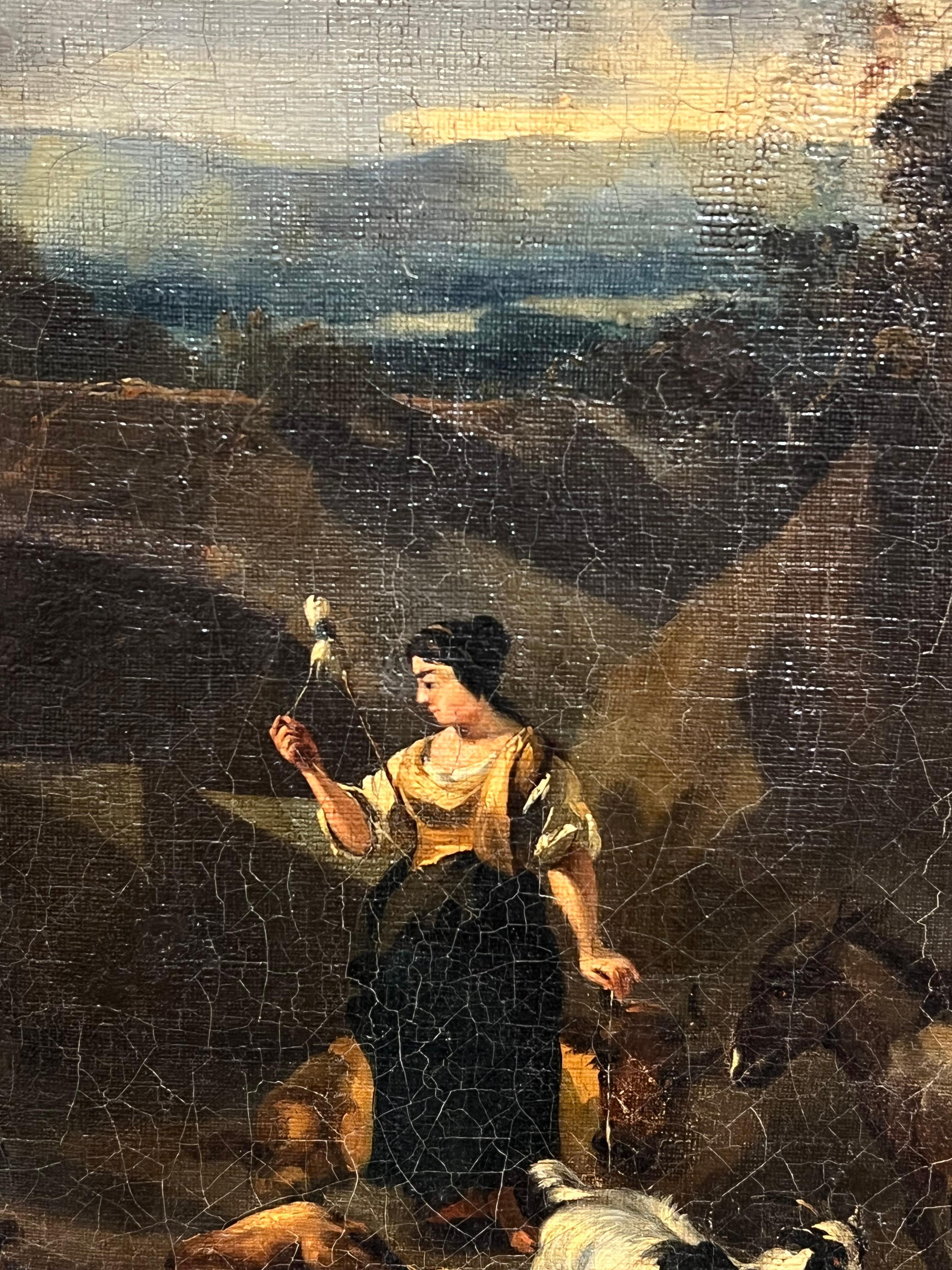 Grande dipinto ad olio olandese del XVII secolo, figure animali e paesaggio - Painting Antichi maestri di Dirck van Burghen