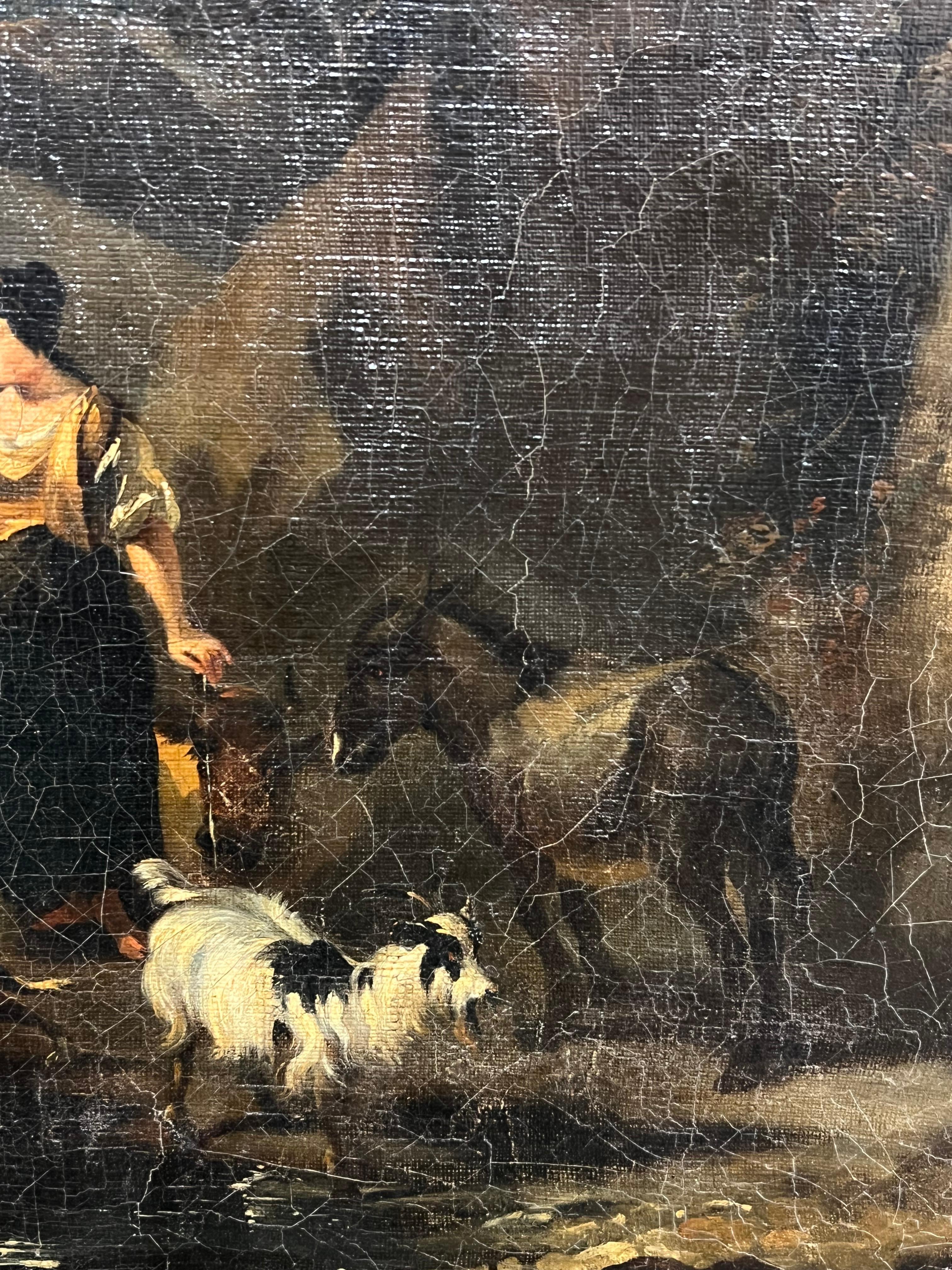 Grande dipinto ad olio olandese del XVII secolo, figure animali e paesaggio - Animal Painting Nero di Dirck van Burghen