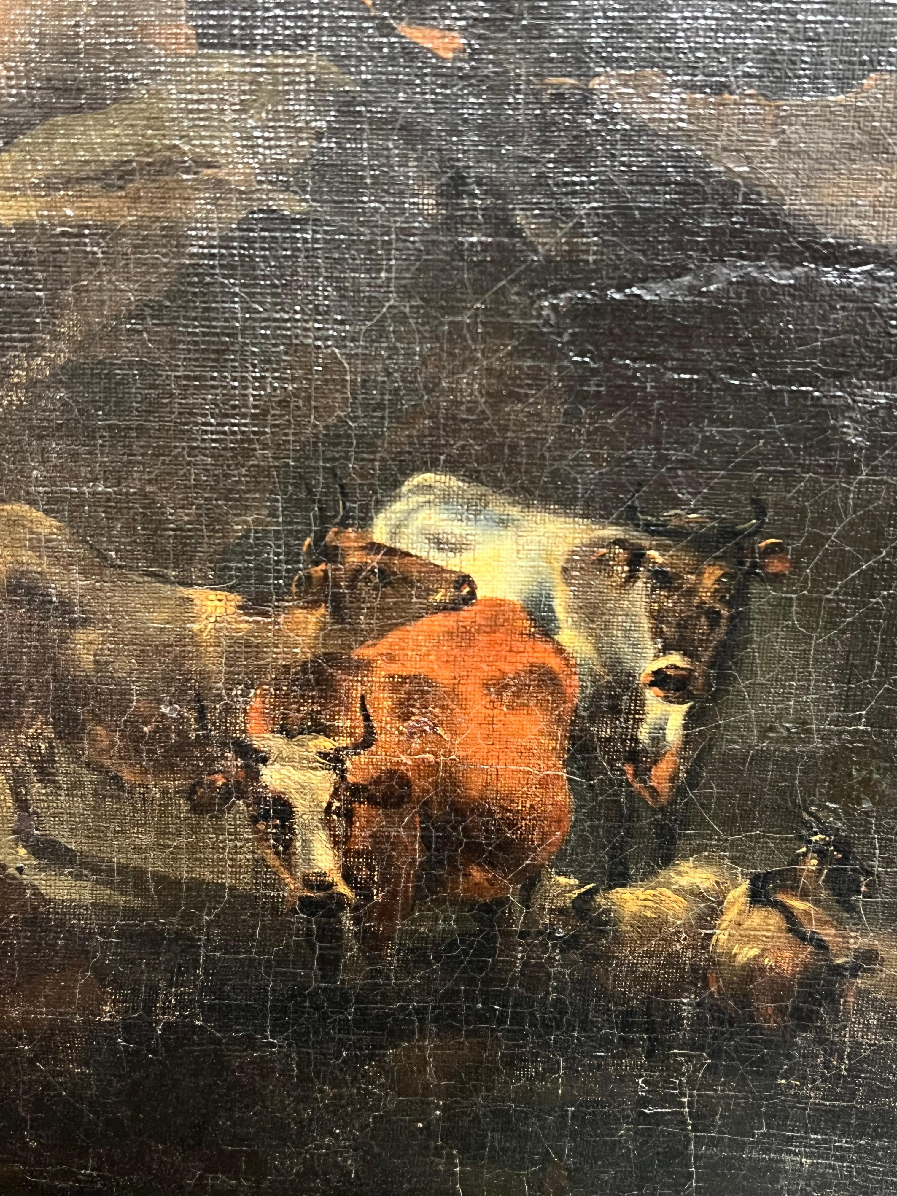 Seguace di Dirck van Berghen (Scuola olandese, XVII secolo)
Paesaggio pastorale con una pastorella e del bestiame
Olio su tela, incorniciato in una cornice dorata del periodo Impero francese
dimensioni della tela: 18 x 22 pollici
dimensioni