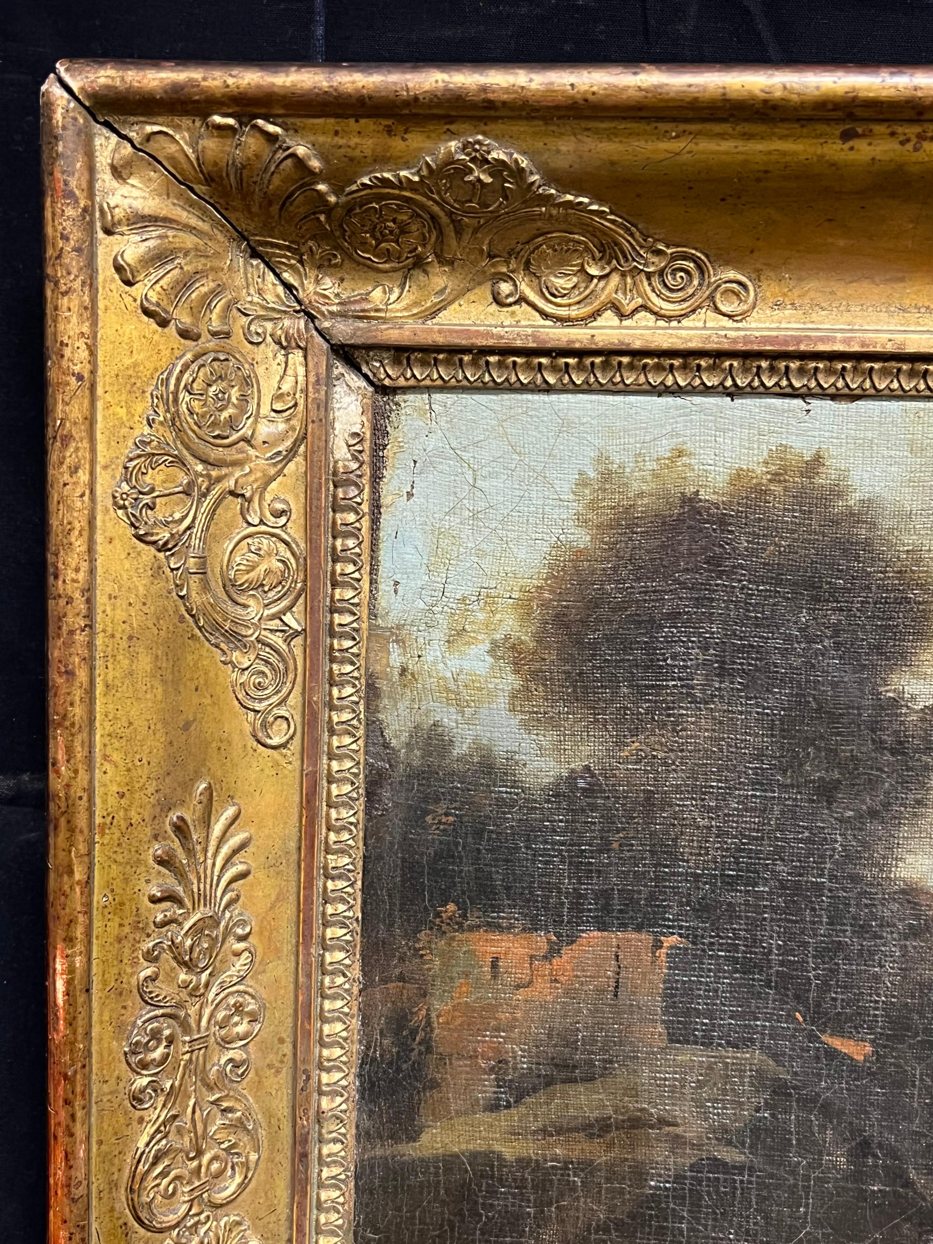 Grande dipinto ad olio olandese del XVII secolo, figure animali e paesaggio in vendita 1