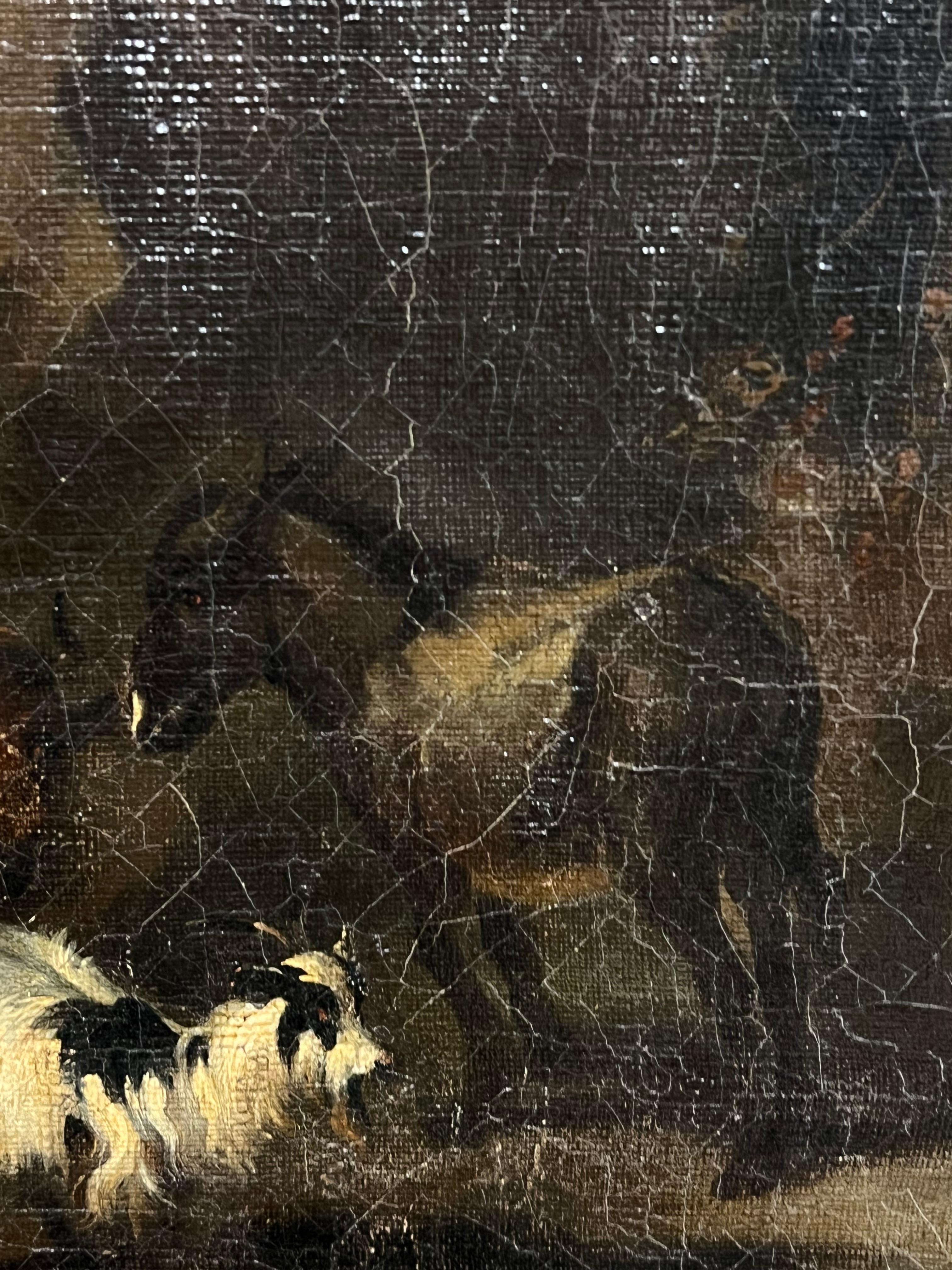 Grande dipinto ad olio olandese del XVII secolo, figure animali e paesaggio in vendita 2