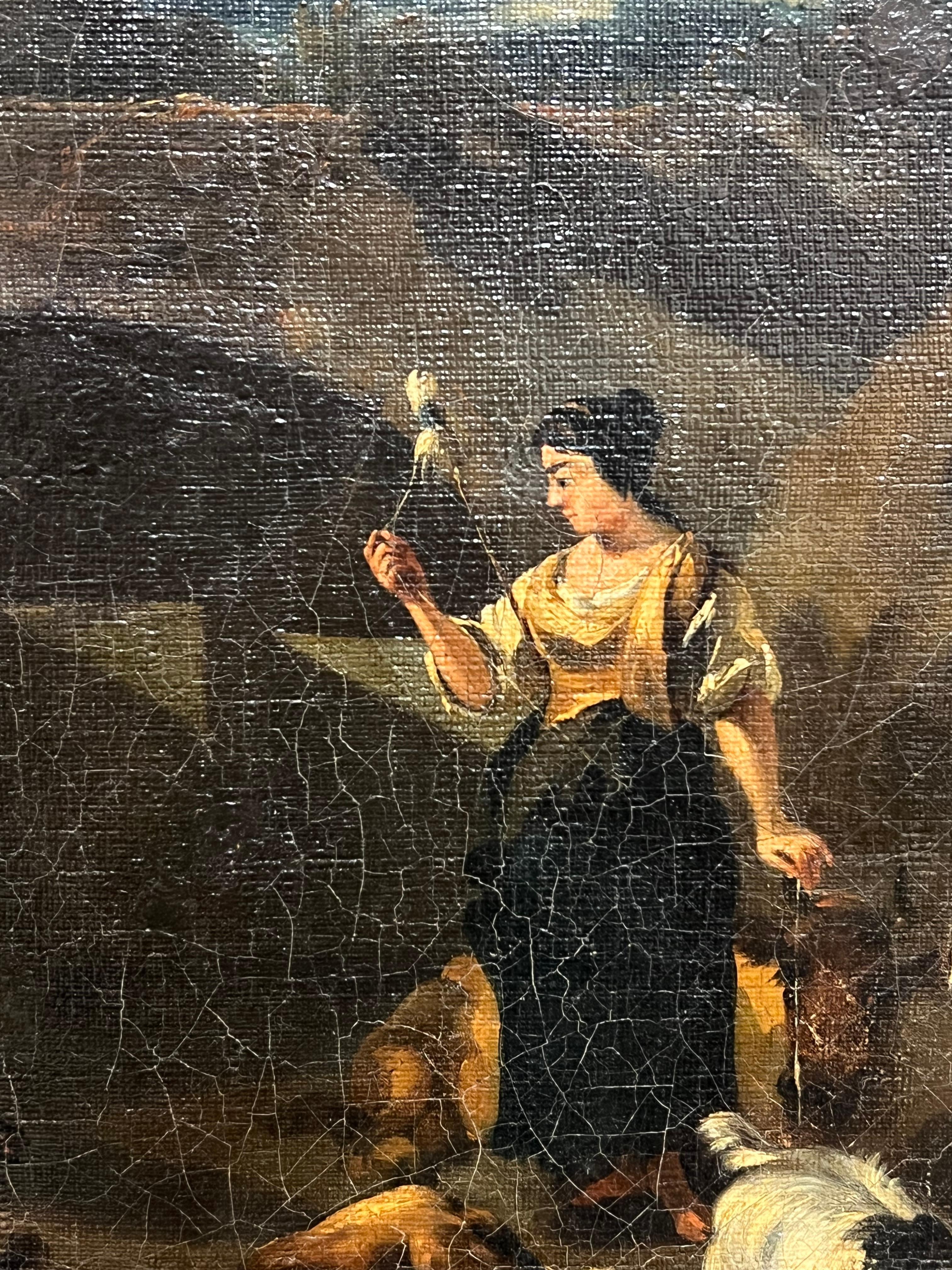 Grande dipinto ad olio olandese del XVII secolo, figure animali e paesaggio in vendita 3