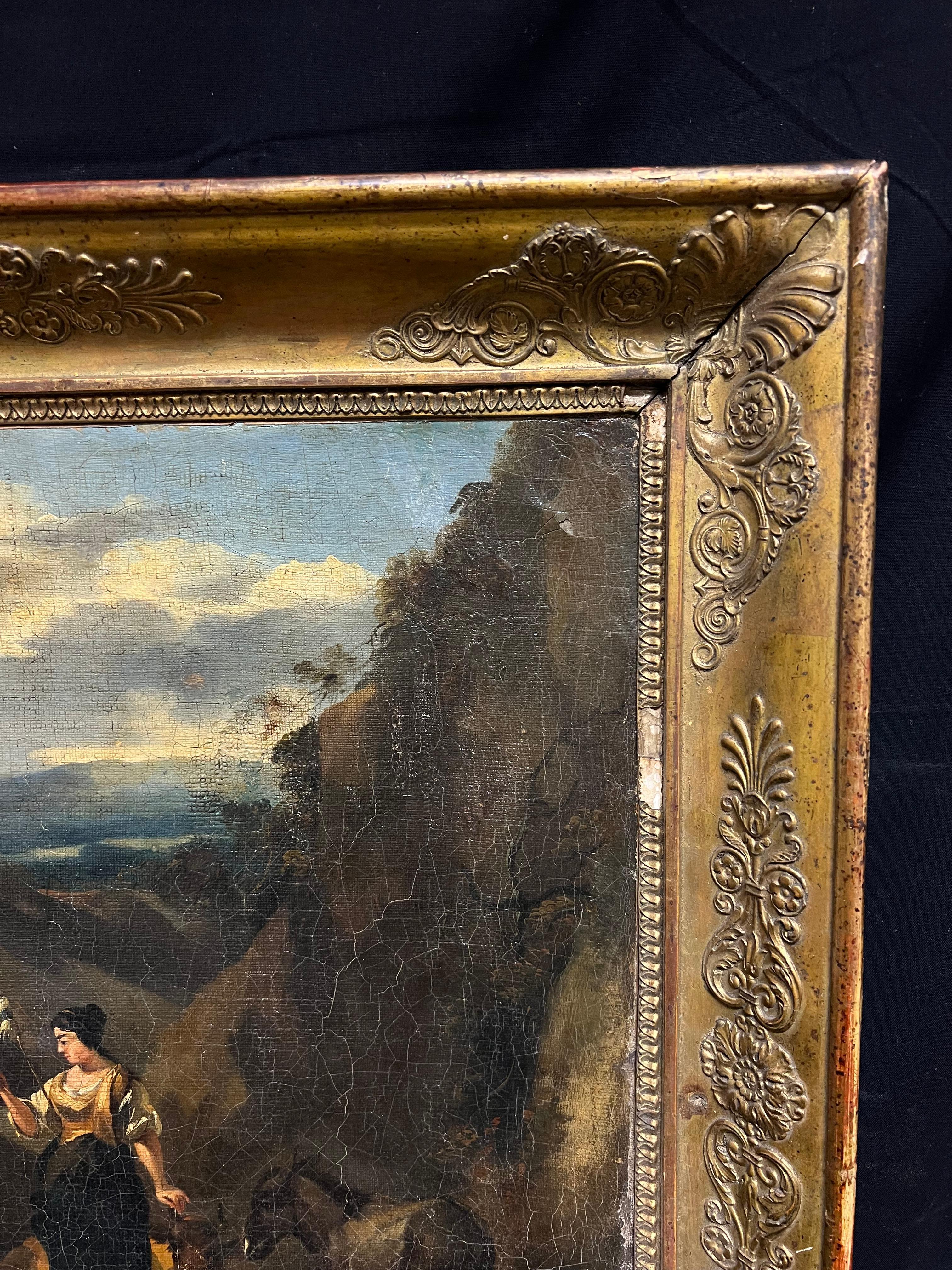 Grande dipinto ad olio olandese del XVII secolo, figure animali e paesaggio in vendita 4