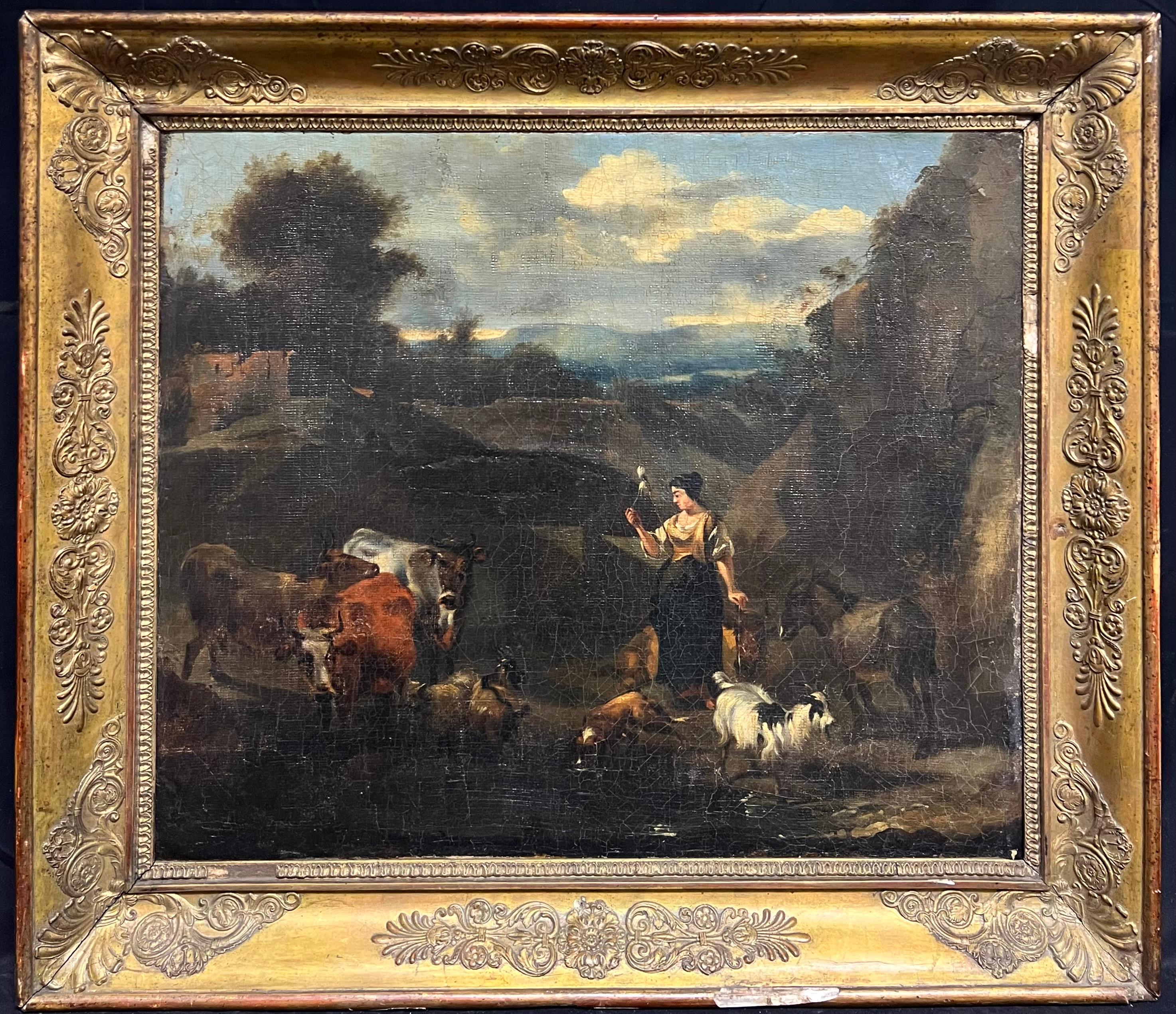 Grande dipinto ad olio olandese del XVII secolo, figure animali e paesaggio