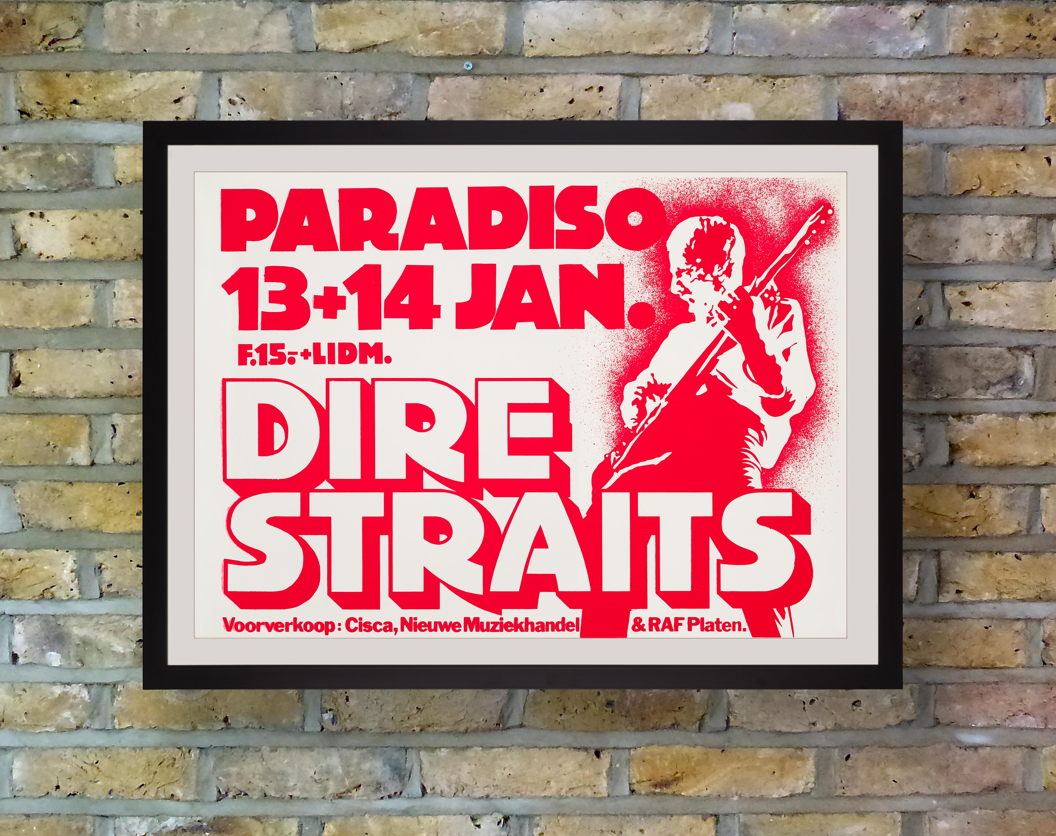 Boldly silkscreen printed in vibrant red ink, this dynamic poster promoted a performance by Dire Straits at the Paradiso Club in Amsterdam on 13th and 14th January 1981, following the release of the British rock band's third album 'Making Movies' on