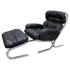Directional Stuhl und Ottomane aus schwarzem und verchromtem Leder, Mid-Century Modern