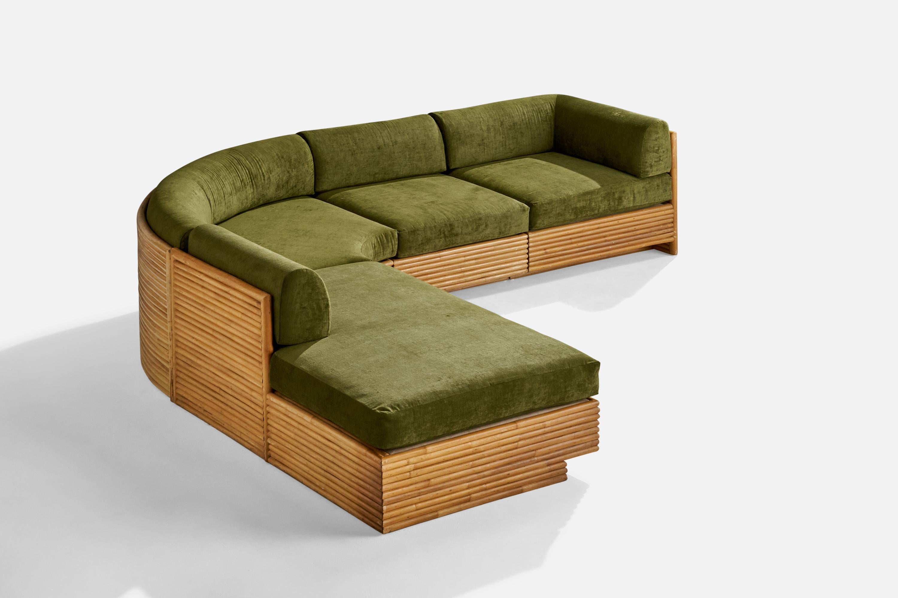 A bamboo and green velvet sectional sofa designed and produced by Directional Furniture, USA, 1970s.

Seat height 18”.