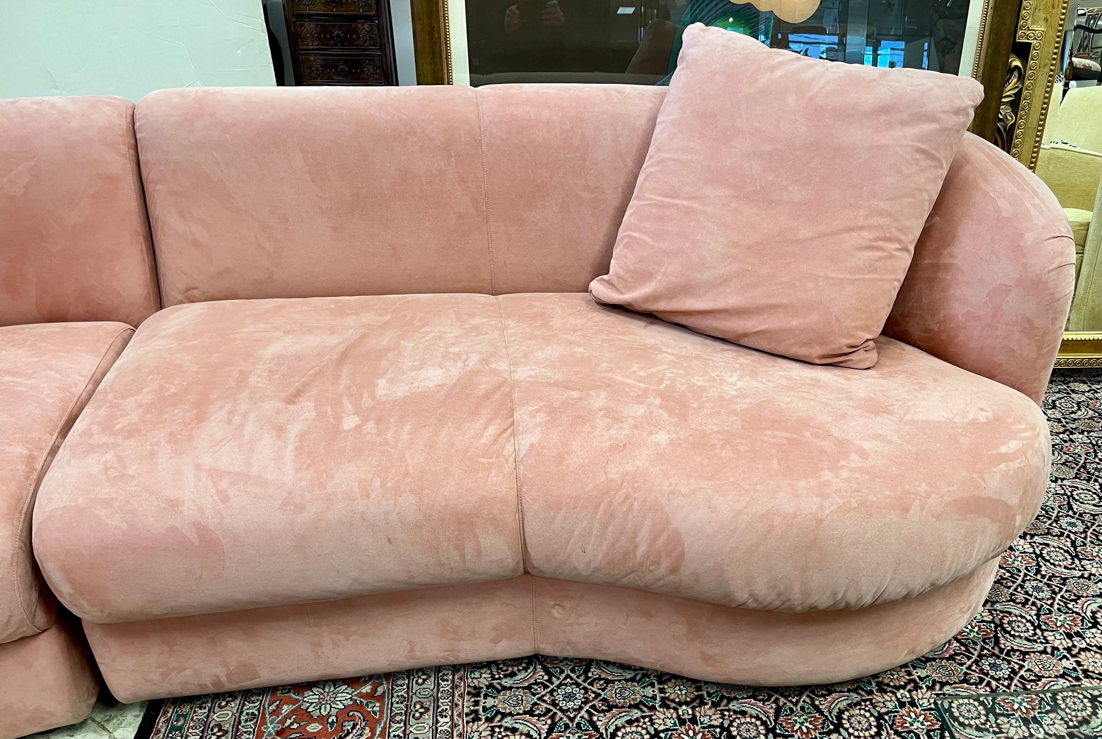 Wood Directional Mid-Century Biomorphic Rose Color Suede Leather Cloud Sofa Sectional