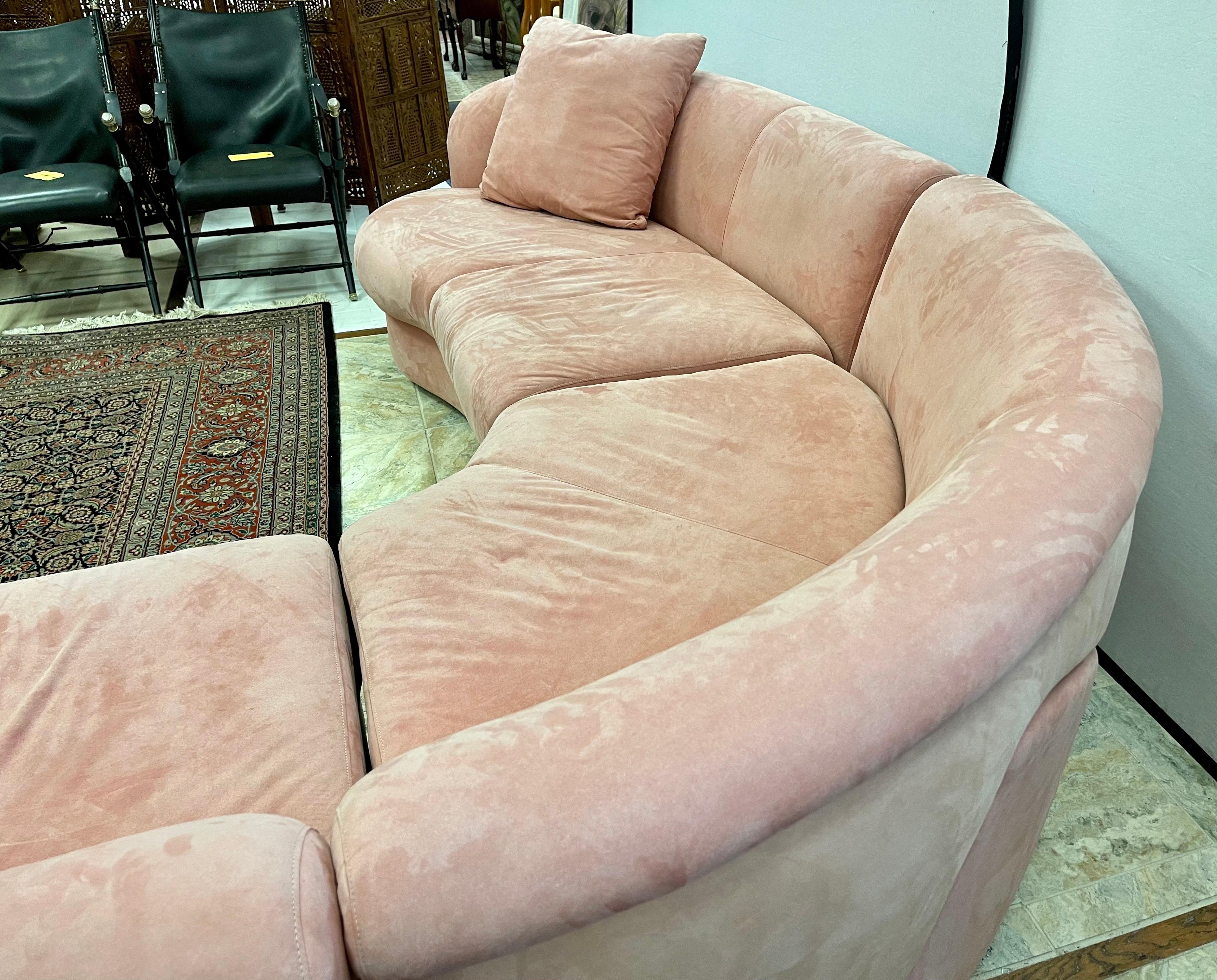 Directional Mid-Century Biomorphic Rose Color Suede Leather Cloud Sofa Sectional 5