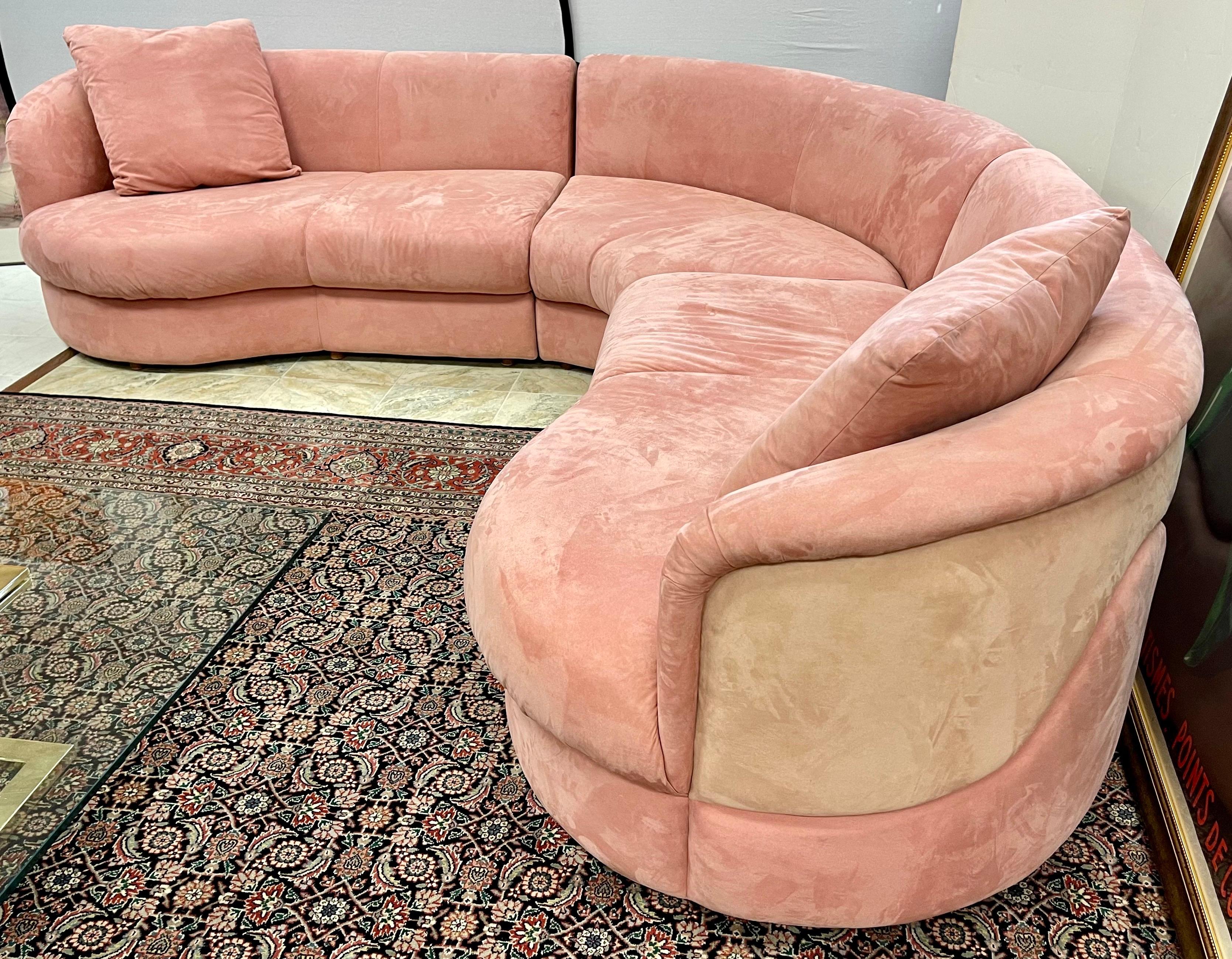 Mid-Century Modern Directional Mid-Century Biomorphic Rose Color Suede Leather Cloud Sofa Sectional