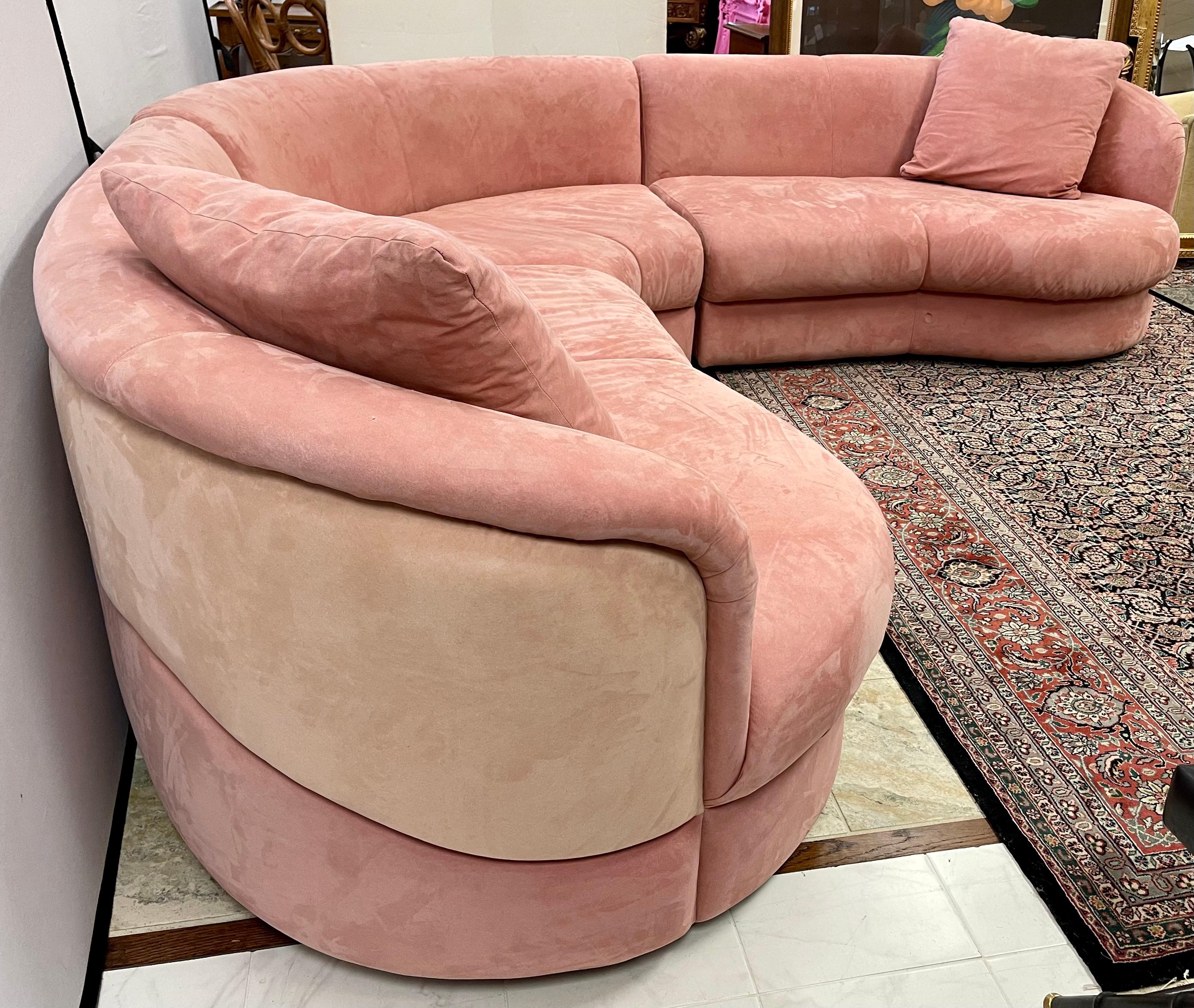 American Directional Mid-Century Biomorphic Rose Color Suede Leather Cloud Sofa Sectional