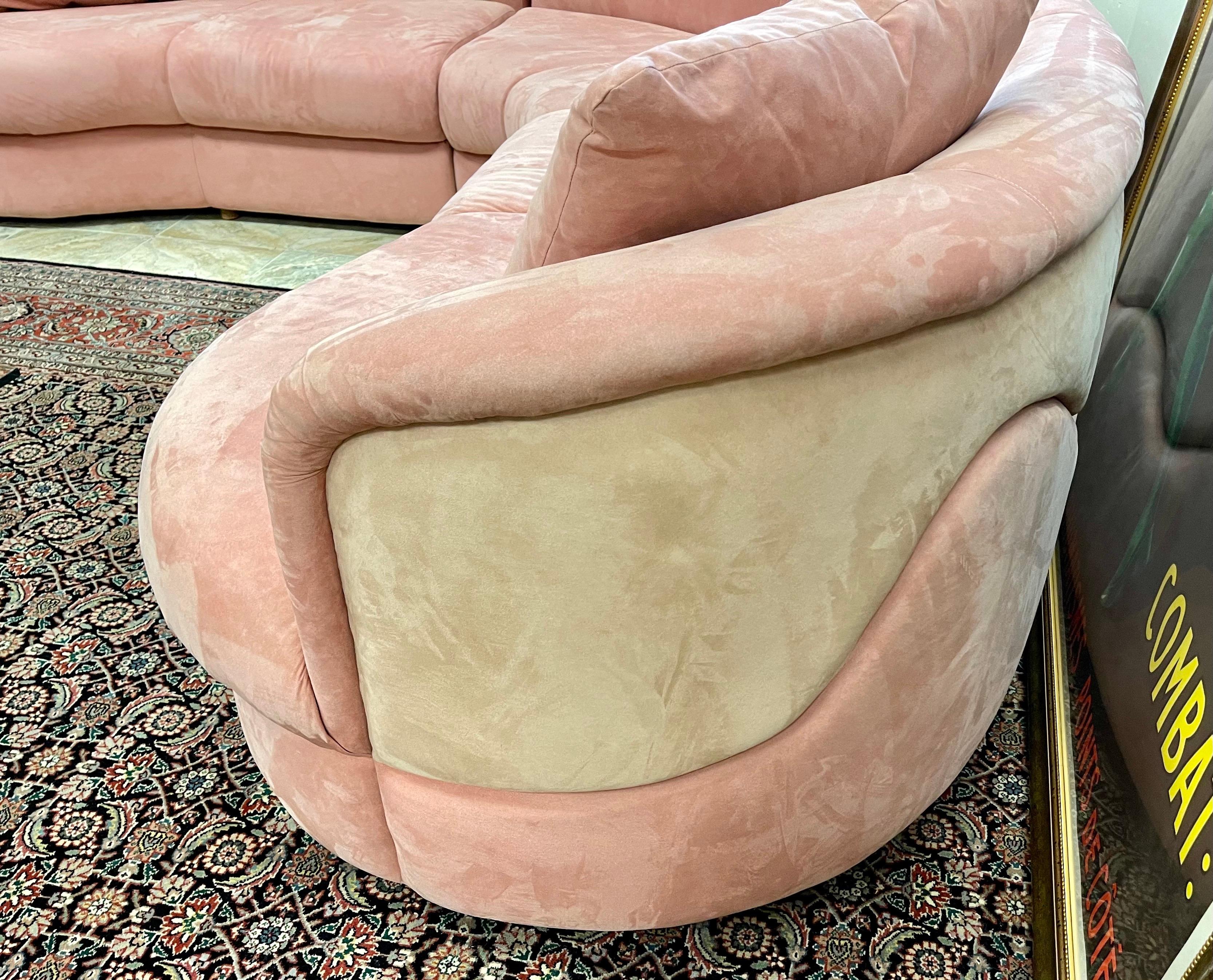 Directional Mid-Century Biomorphic Rose Color Suede Leather Cloud Sofa Sectional In Good Condition In West Hartford, CT