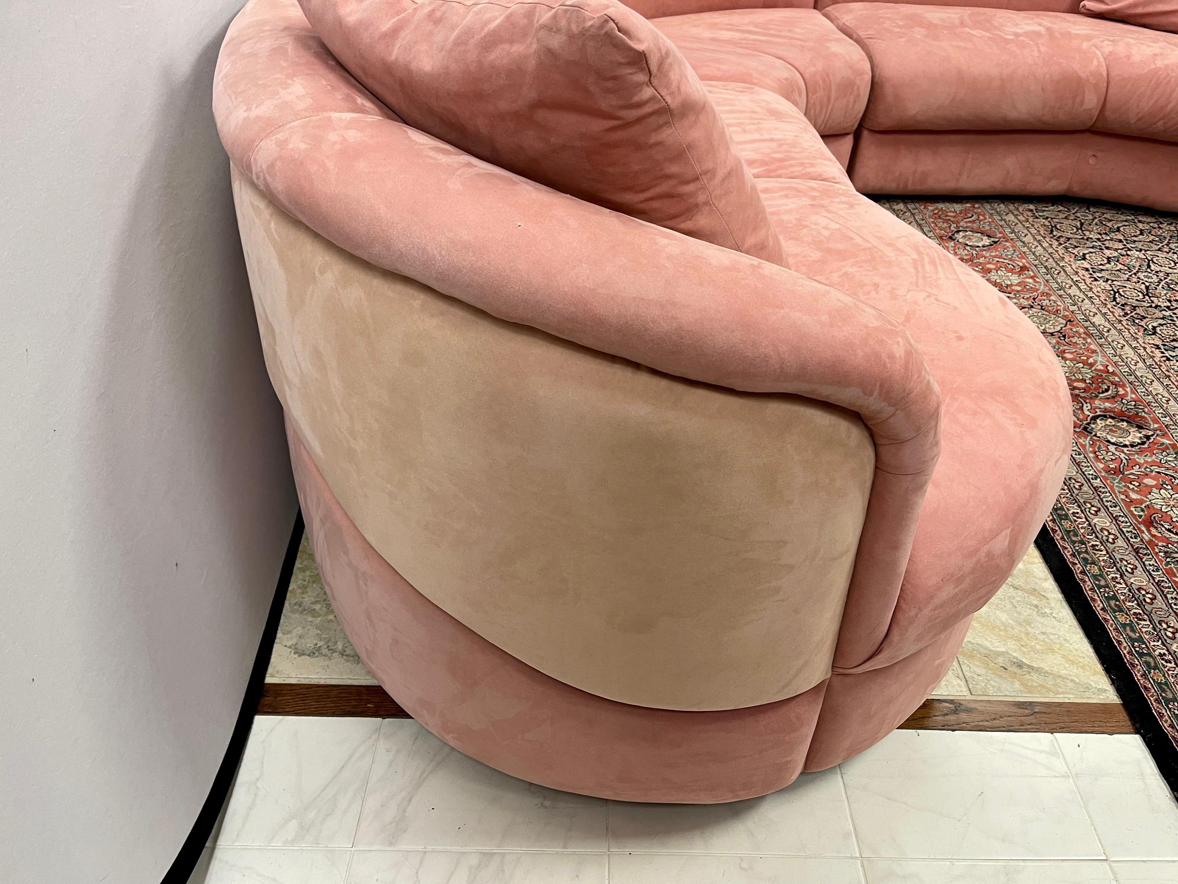 Late 20th Century Directional Mid-Century Biomorphic Rose Color Suede Leather Cloud Sofa Sectional