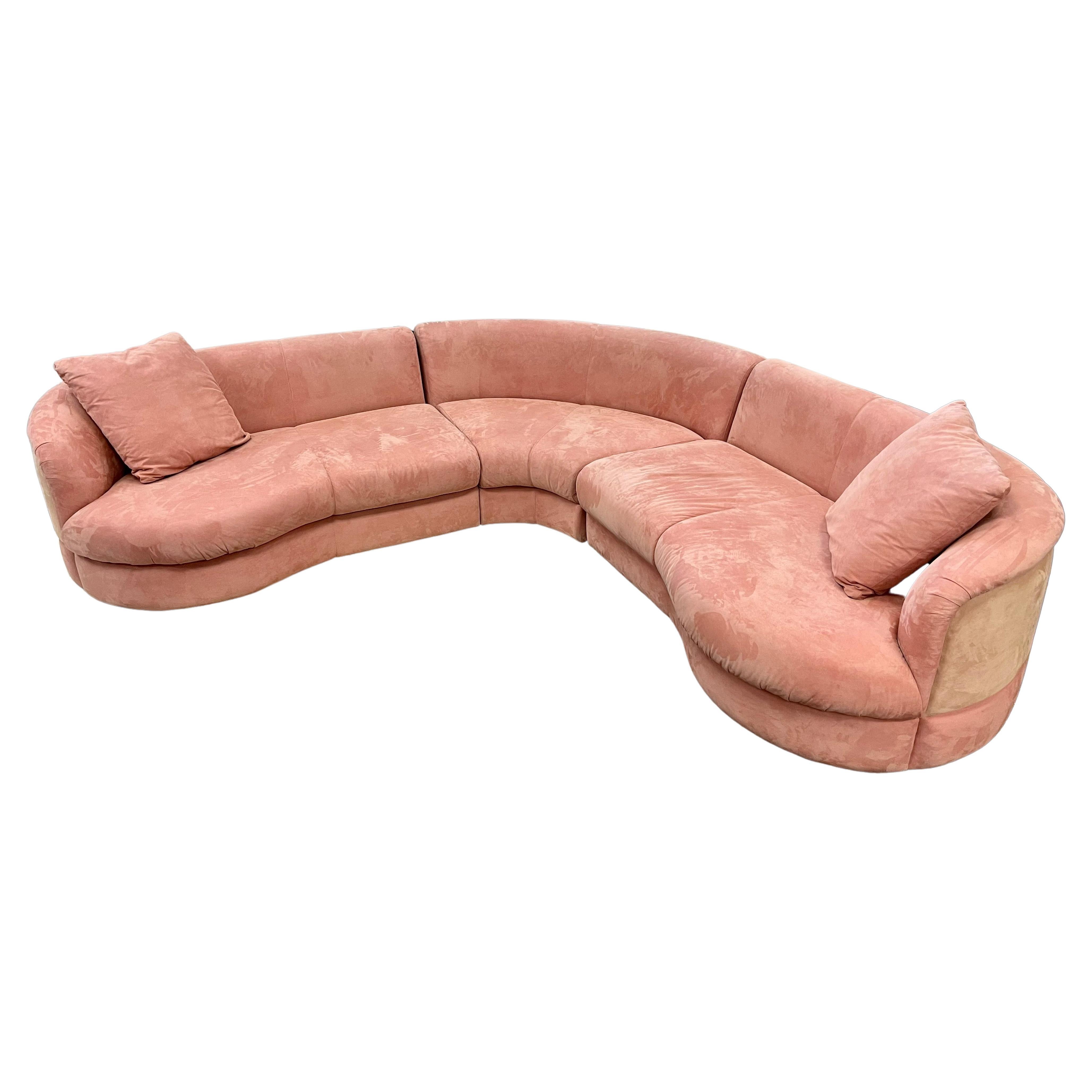 Directional Mid-Century Biomorphic Rose Color Suede Leather Cloud Sofa Sectional