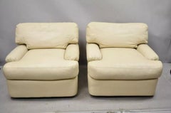 Directional Milo Baughman Swivel Beige Leather Club Lounge Arm Chairs - a Pair