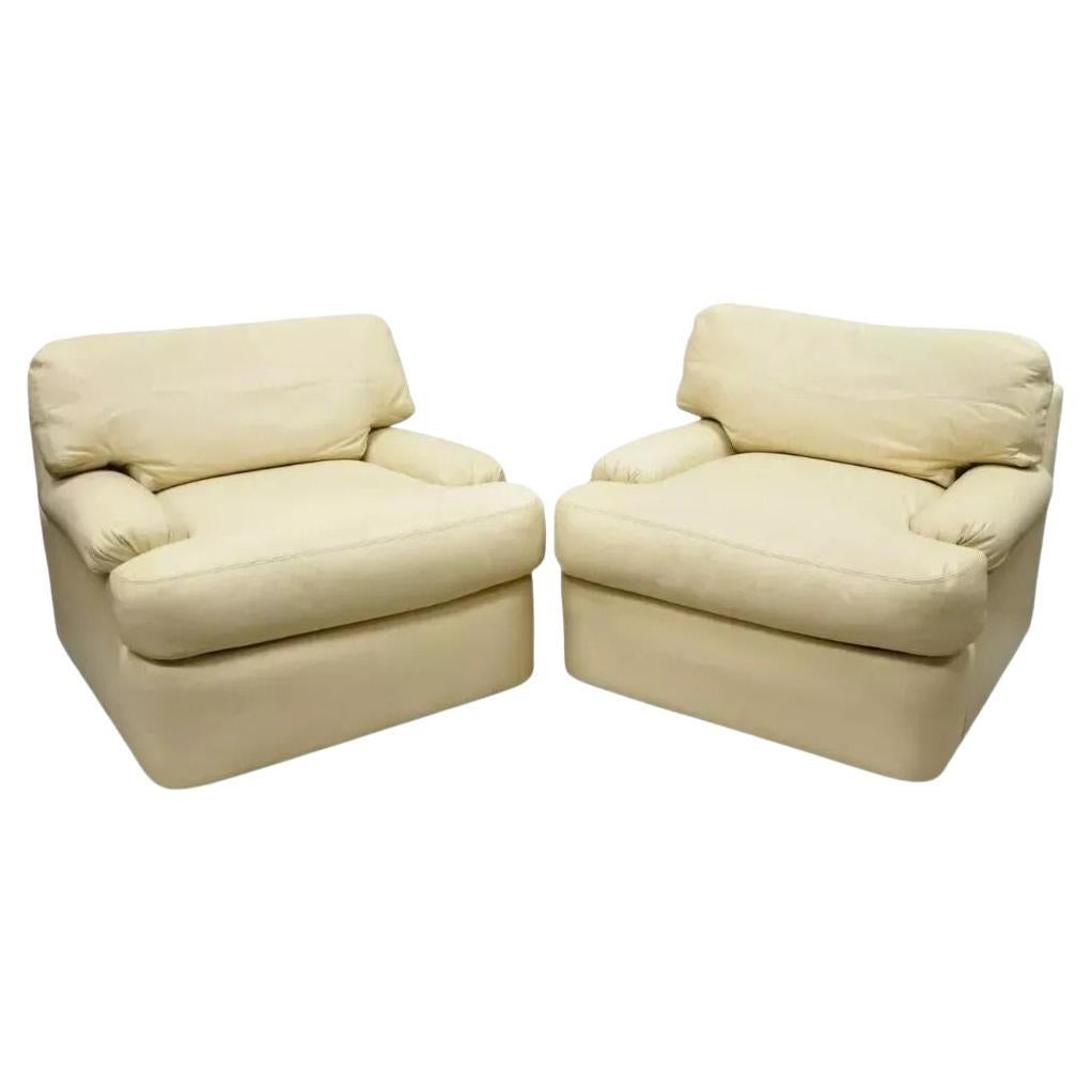 Directional Milo Baughman Swivel Beige Leather Club Lounge Arm Chairs - a Pair
