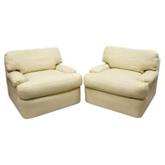 Directional Milo Baughman Swivel Beige Leather Club Lounge Arm Chairs - a Pair