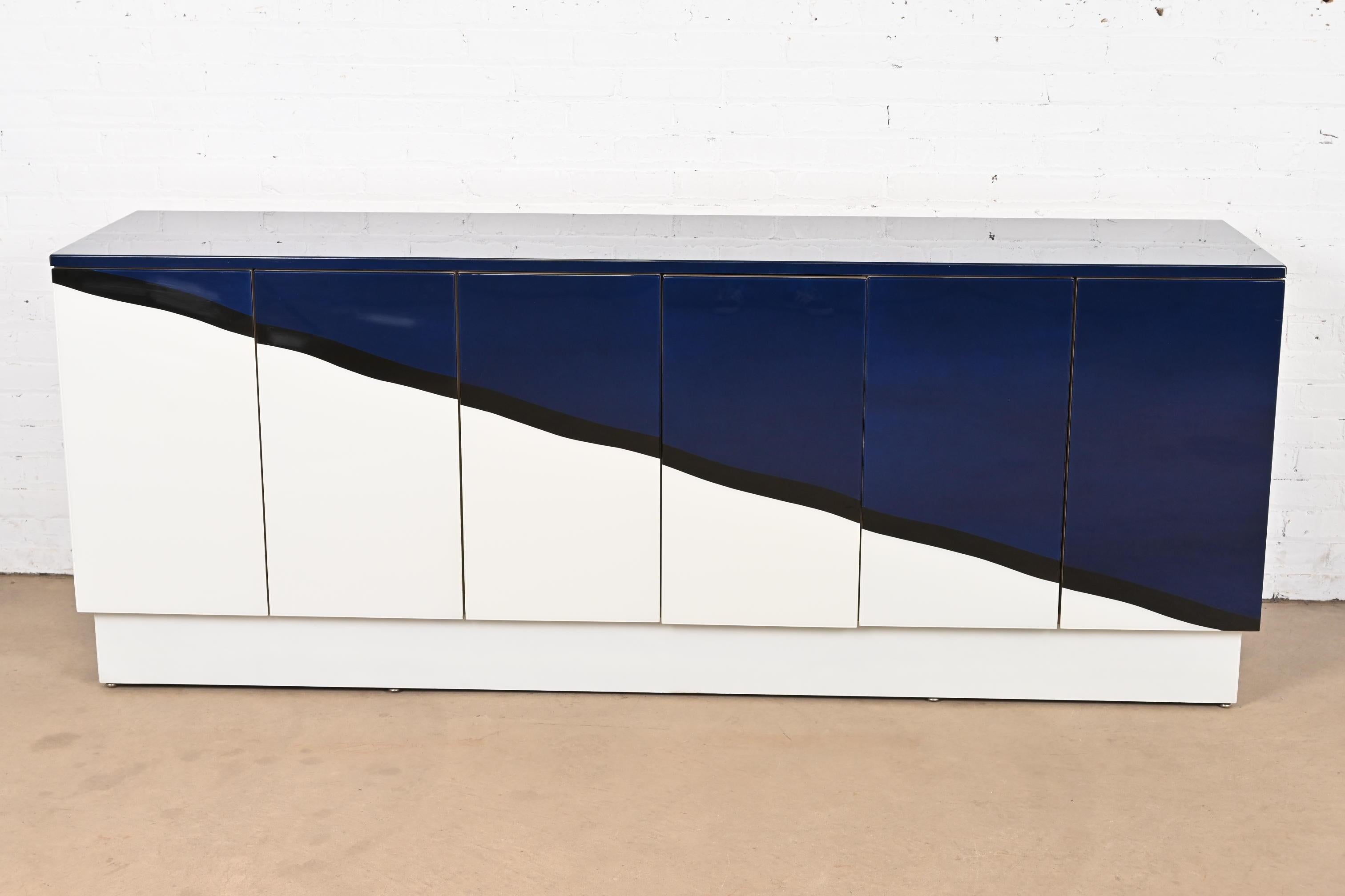 Mid-Century Modern Directional Postmodern Blue & White Lacquered Sideboard Credenza or Bar Cabinet