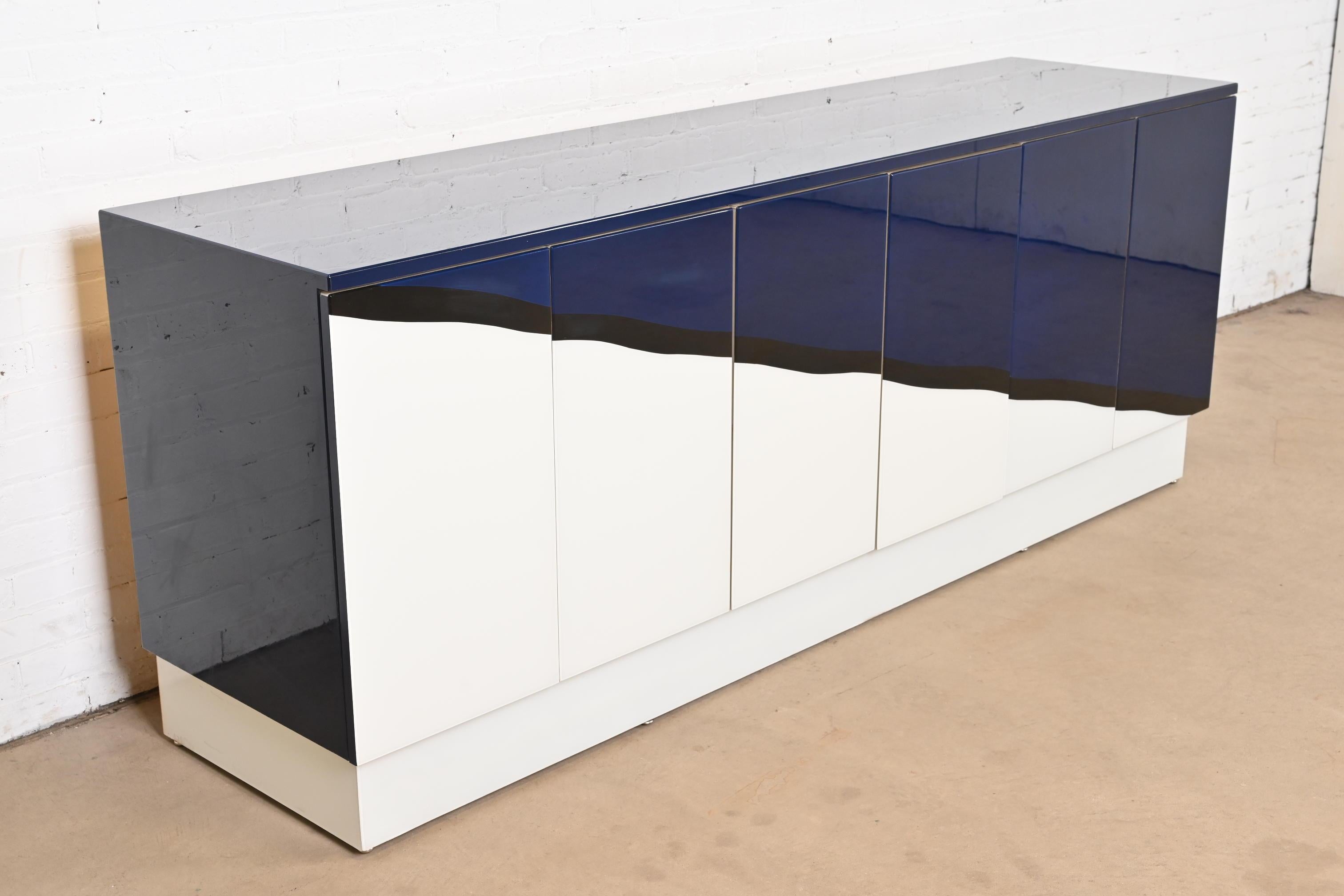 Directional Postmodern Blue & White Lacquered Sideboard Credenza or Bar Cabinet In Good Condition In South Bend, IN