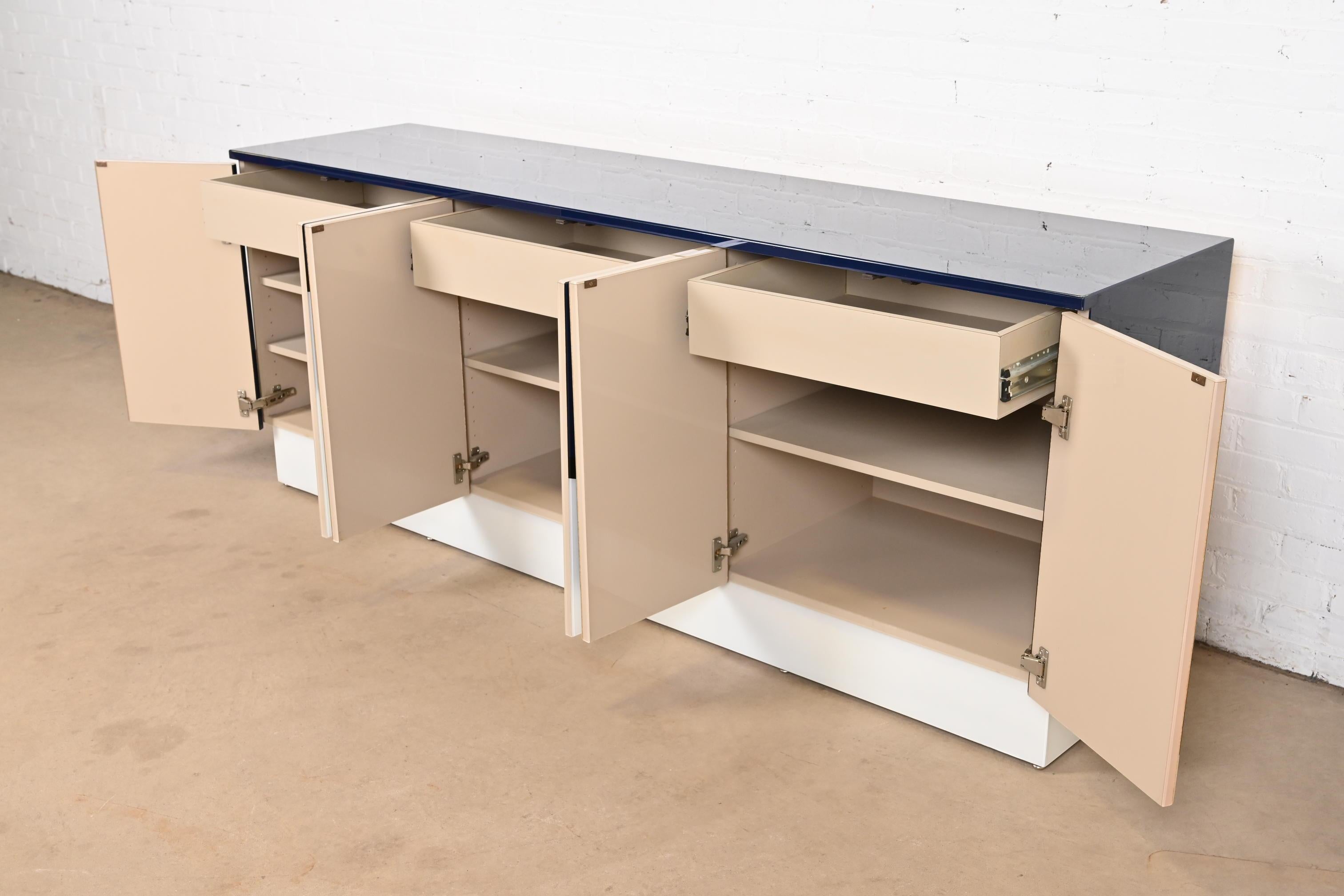 Wood Directional Postmodern Blue & White Lacquered Sideboard Credenza or Bar Cabinet